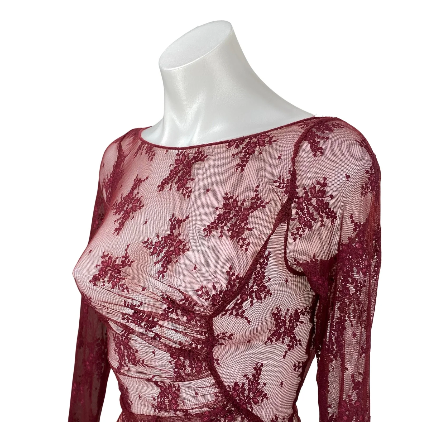 Free People Full Bloom Red Layering Mesh Sheer Lace Long Sleeve Blouse Top Sz XS - Image 2