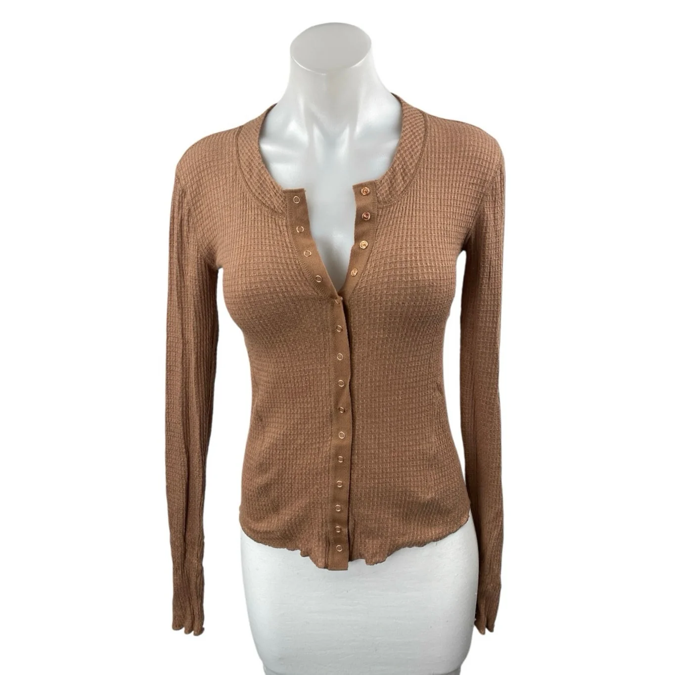 Free People Going Places Brown Waffle Knit Snap Button Long Sleeve Shirt Top XS
