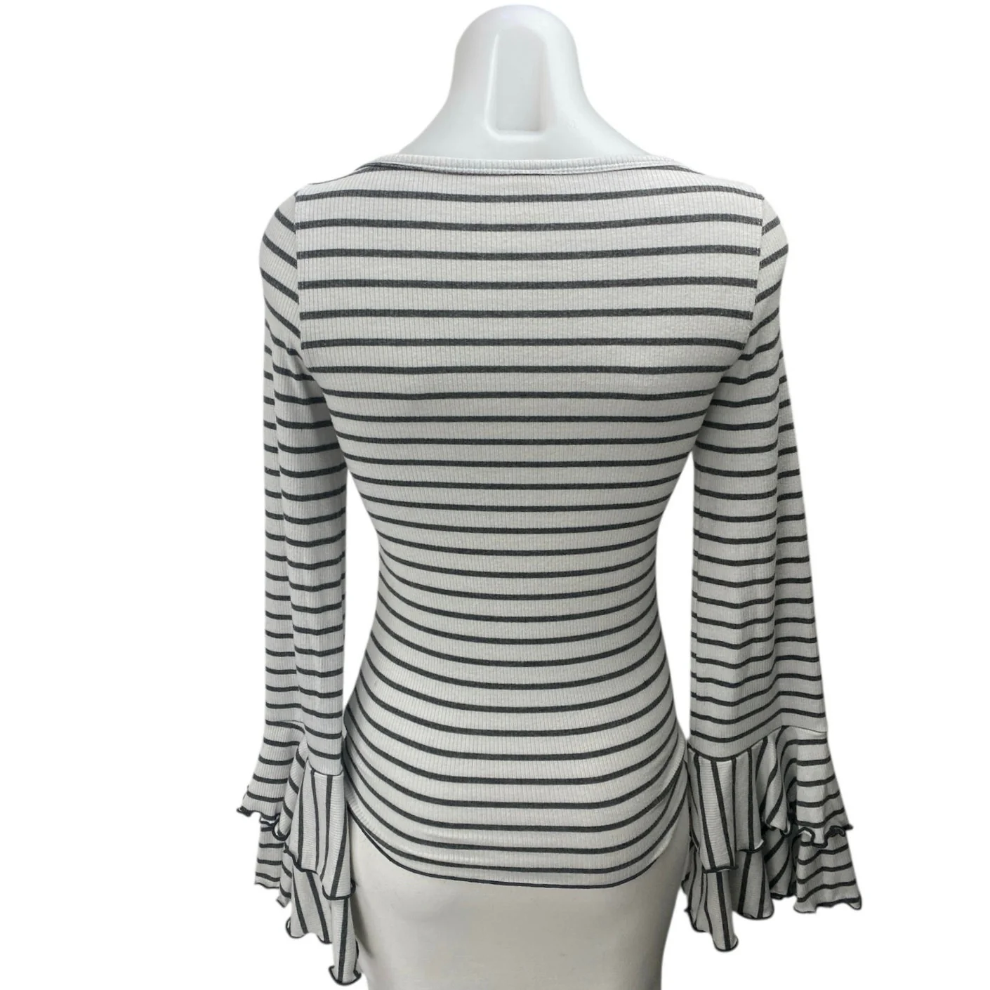 Free People Good Find White Black Striped Ruffle Long Bell Sleeve Sweater Top XS - Image 2