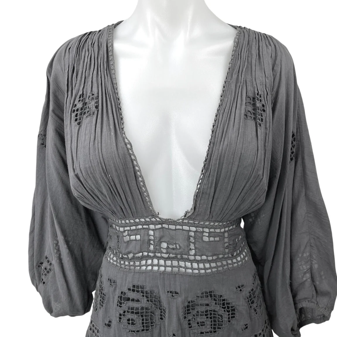 Free People Gray Plunge V Embroidered Eyelet Tea Time Boho A Line Mini Dress 12 - Image 3