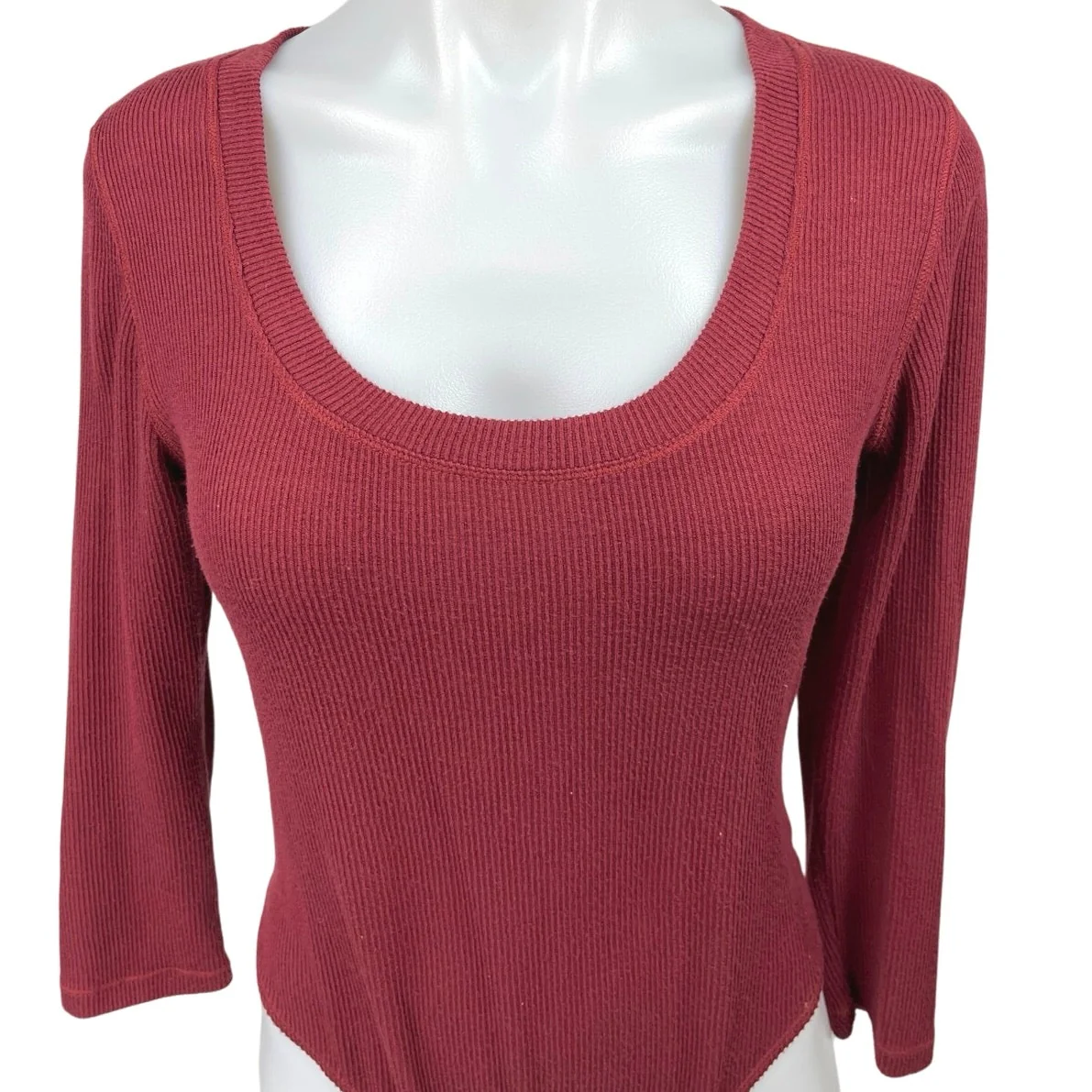 Free People Hi Hon Wine Red Rib Knit Long Sleeve Scoop Neck Thong Bodysuit Top M - Image 3