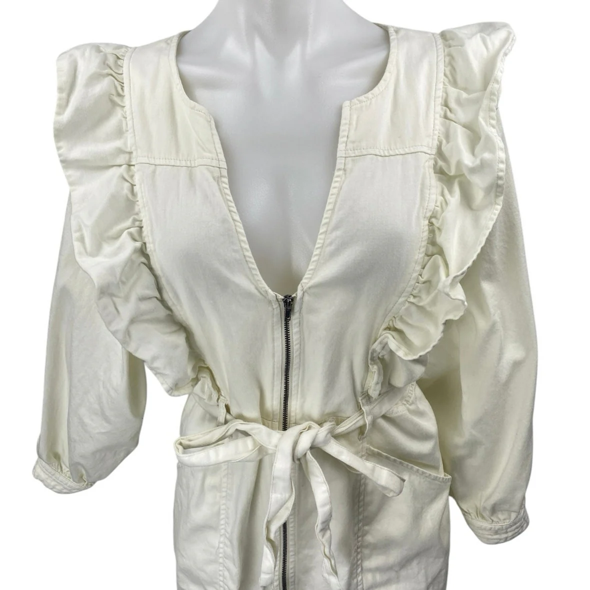 Free People Imogene Cream Mini Dress Long Sleeve Ruffle Zip Mini Sheath Dress S - Image 3