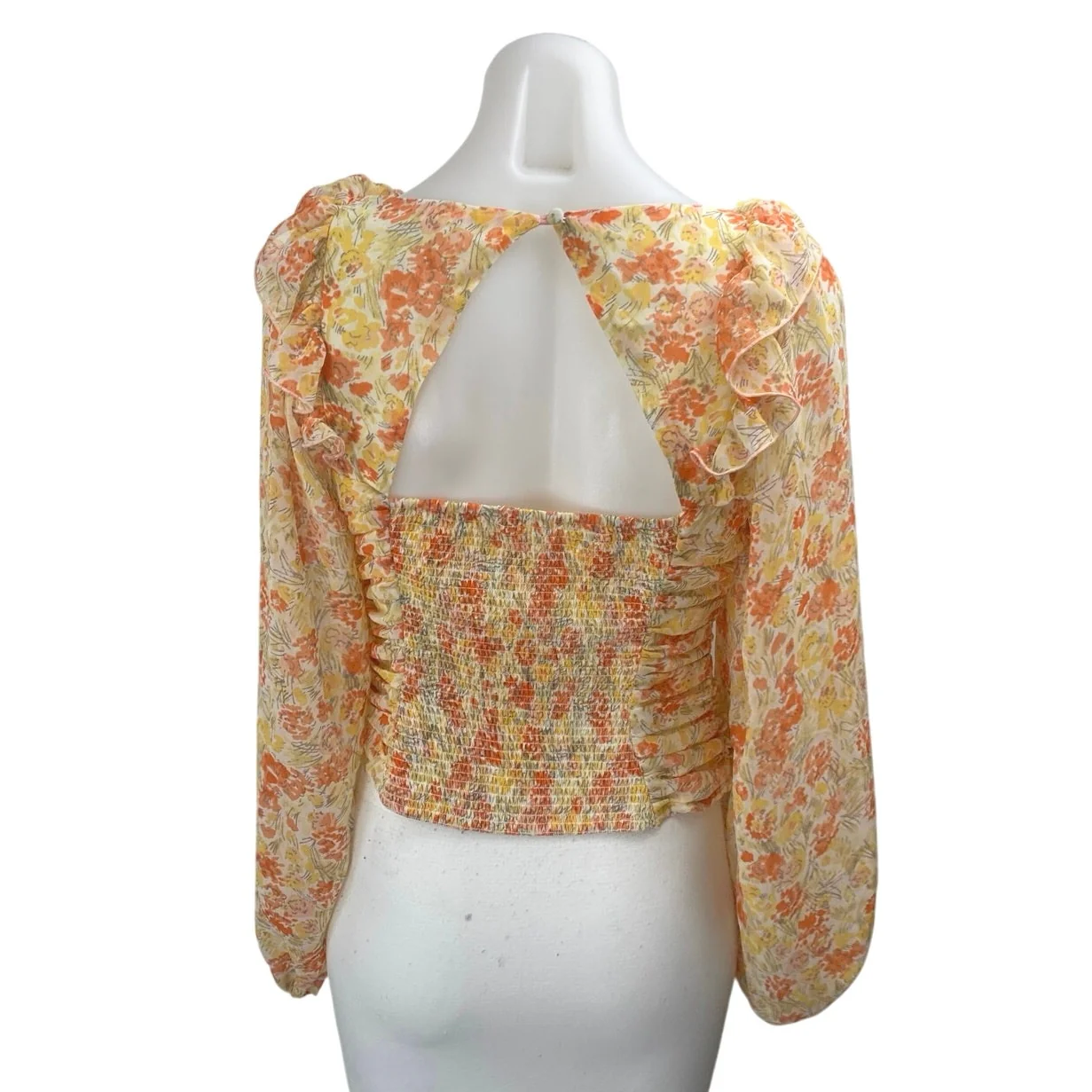 Free People Mabel Orange Floral Ruffle Ruched Cutout Long Sleeve Blouse Top XS - Image 2