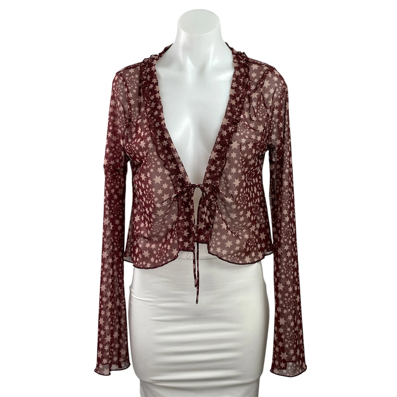 Free People Marne Purple Mesh Sheer Star Ruffles Long Sleeve Crop Cardigan Top M