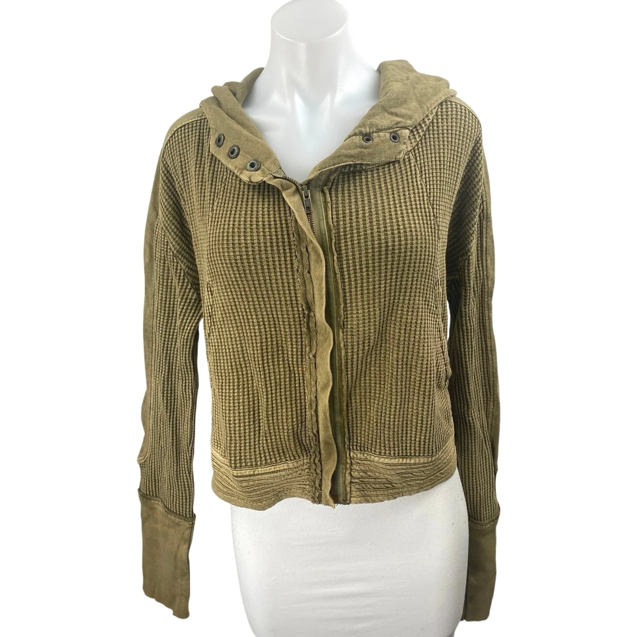 Free People Mason Olive Green Waffle Knit Long Sleeve Full Zip Hoodie Sweater S