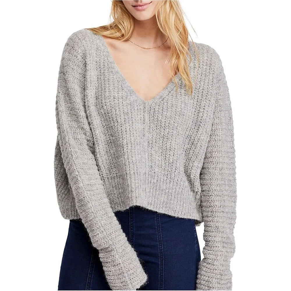 Free People Moonbeam Gray Alpaca Long Sleeve V Neck Cropped Sweater Top Size XS - Image 3