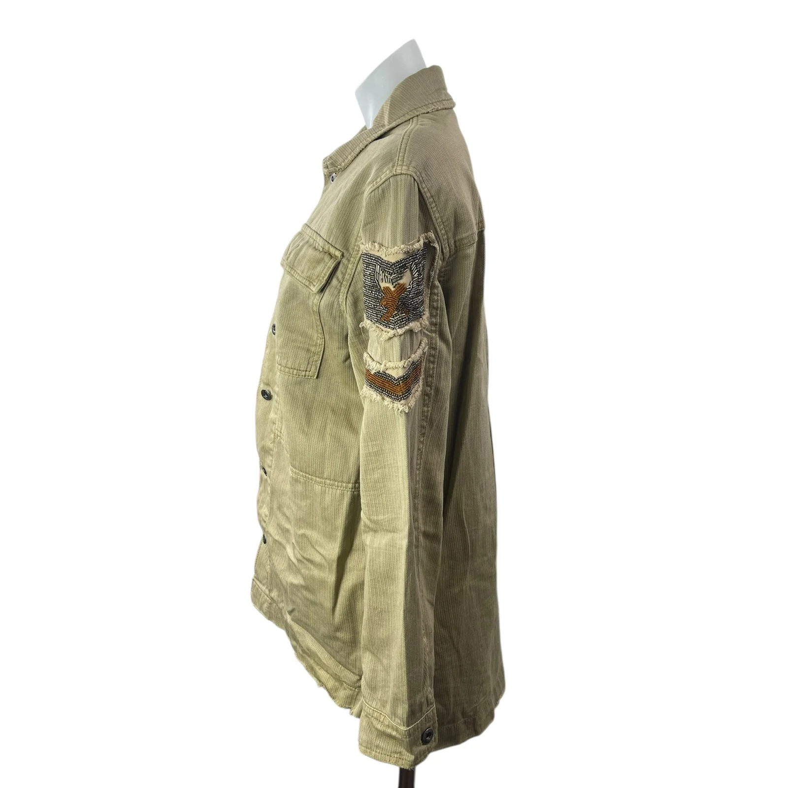 Free People Olive Green Khaki Embellished Army Utility Military Shirt Jacket S - Image 3
