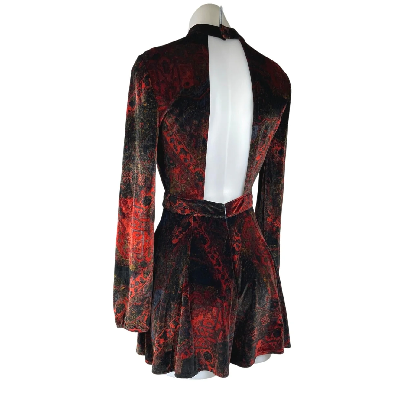 Free People Onyx Red Black Velvet Velour Cutout Long Sleeve Jumpsuit Romper 0 - Image 2