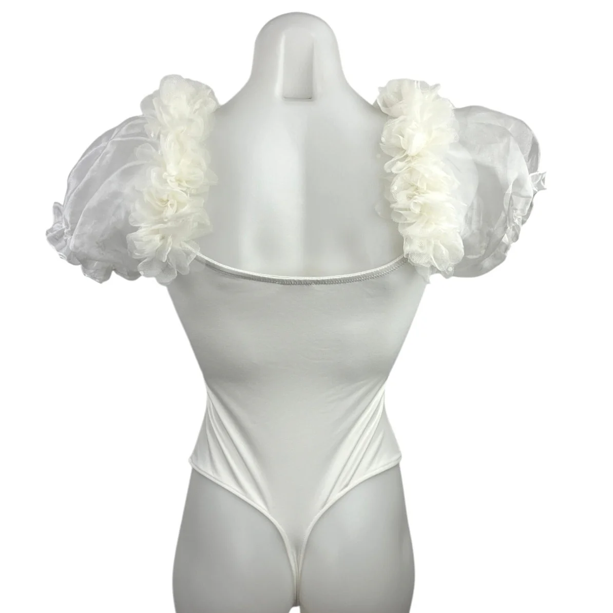 Free People Pretty Petals White Organza Puff Sleeves Thong  Bodysuit Top Size XS - Image 2