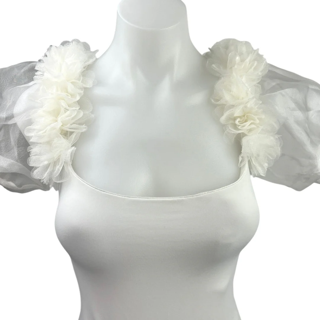 Free People Pretty Petals White Organza Puff Sleeves Thong  Bodysuit Top Size XS - Image 3
