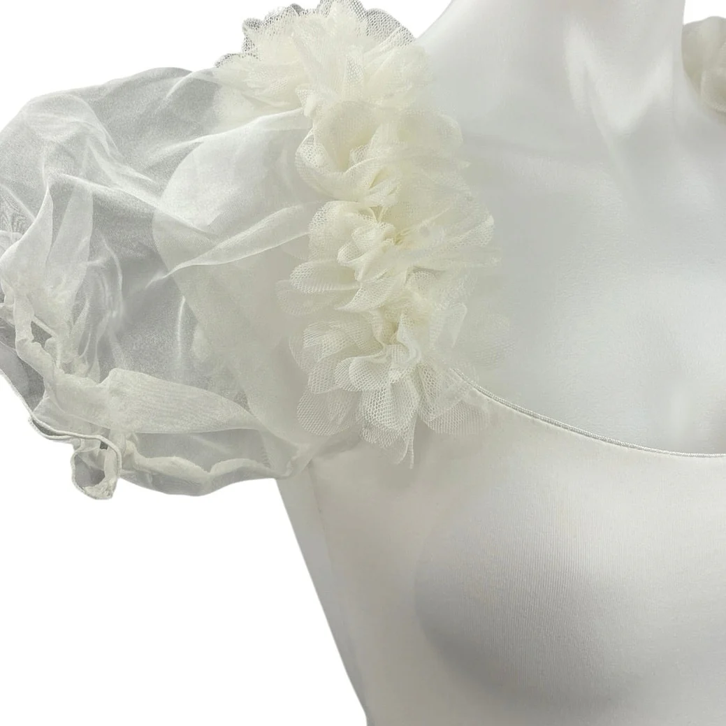 Free People Pretty Petals White Organza Puff Sleeves Thong  Bodysuit Top Size XS - Image 4