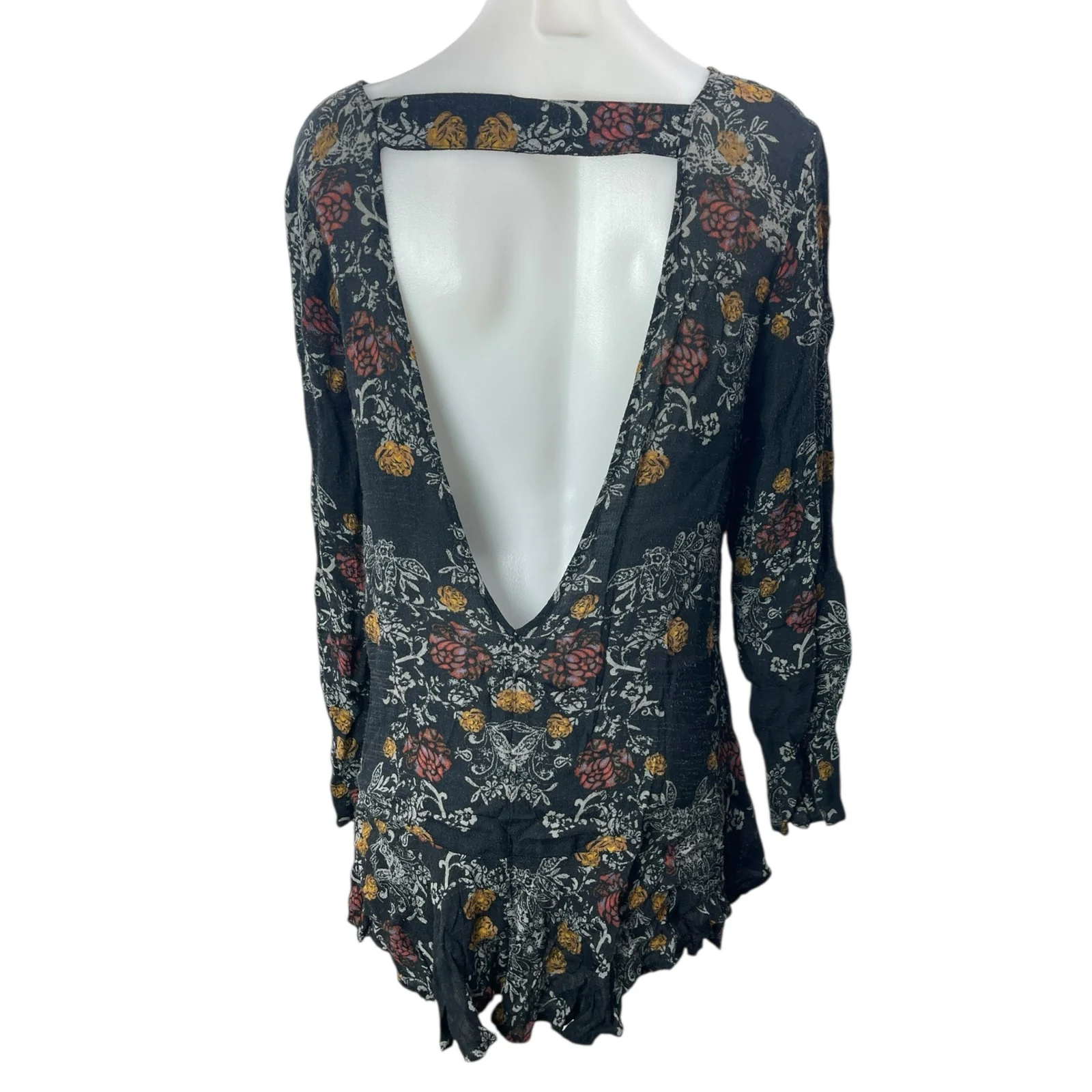 Free People Smooth Talker Black Floral Open Back Long Sleeve Tunic Mini Dress L - Image 2