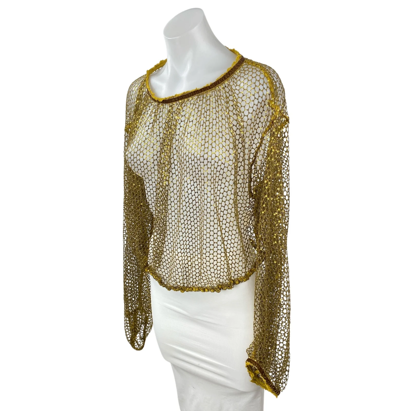 Free People Sparks Fly Women's Sequin Sheer Mesh Net Long Sleeve Blouse Top XS - Image 3