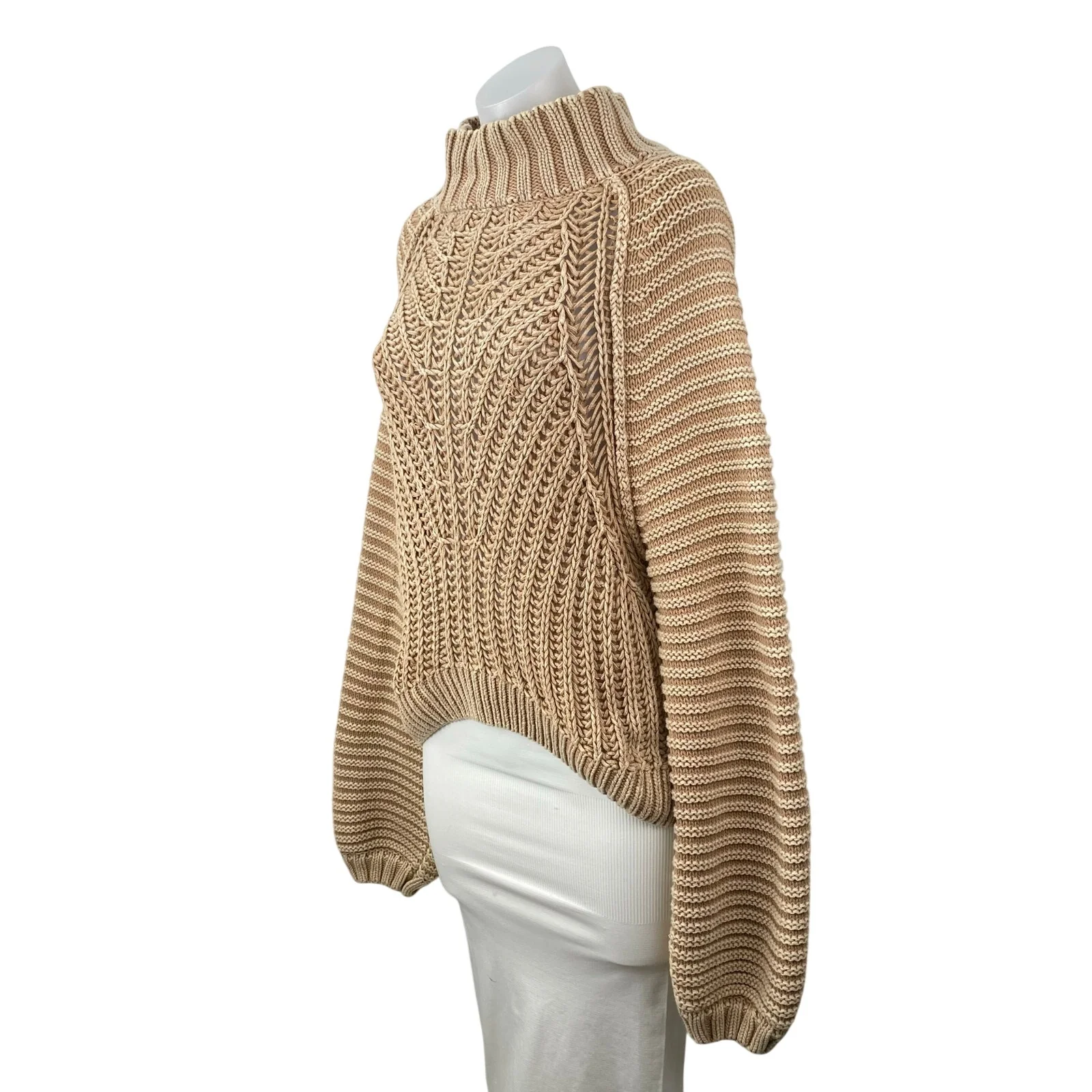 Free People Sweetheart Beige Chunky Knit Mock Neck Balloon Sleeve Sweater Top S - Image 2