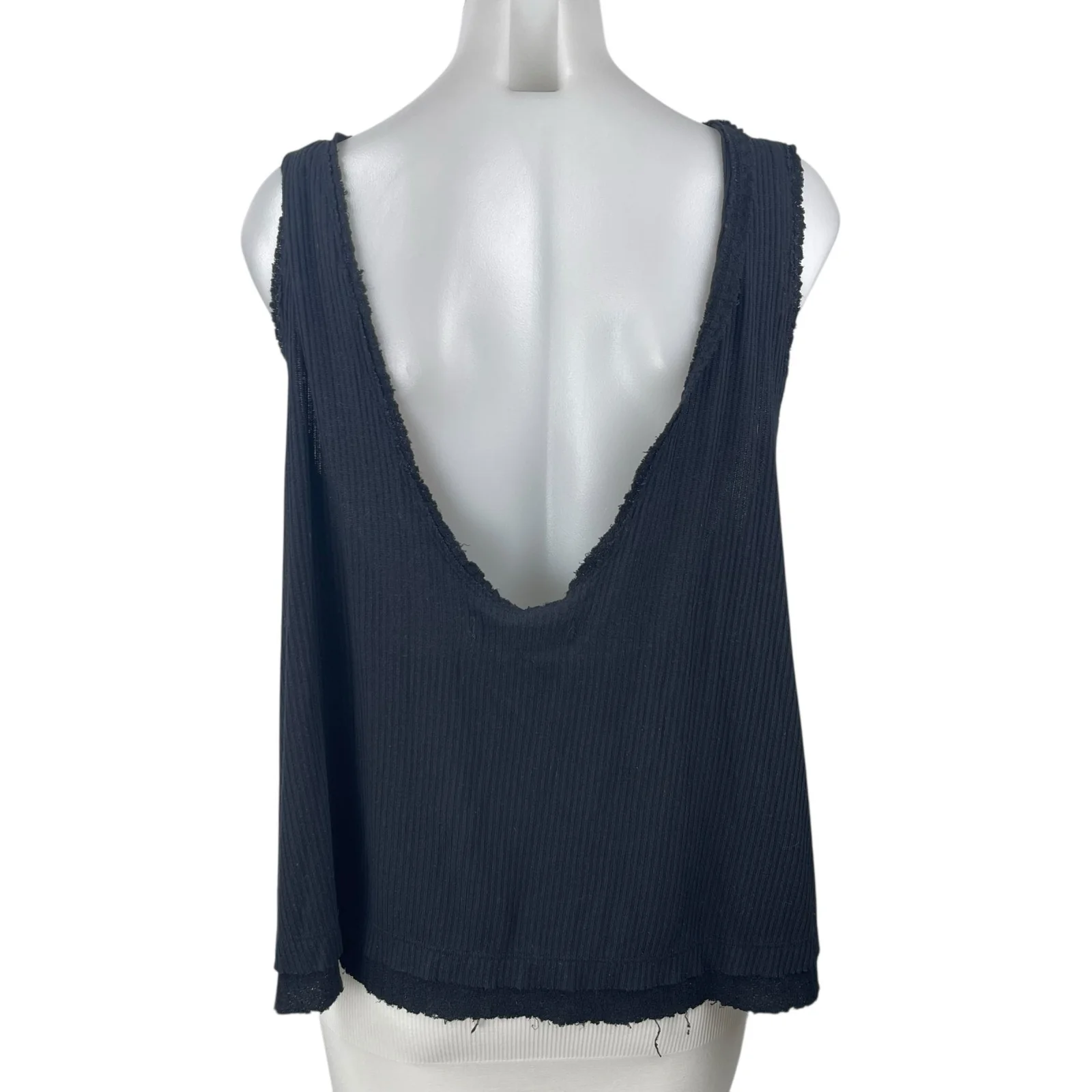 Free People We The Free Black Rib Knit Fringe V Open Back Boxy Tank Top Size S - Image 3