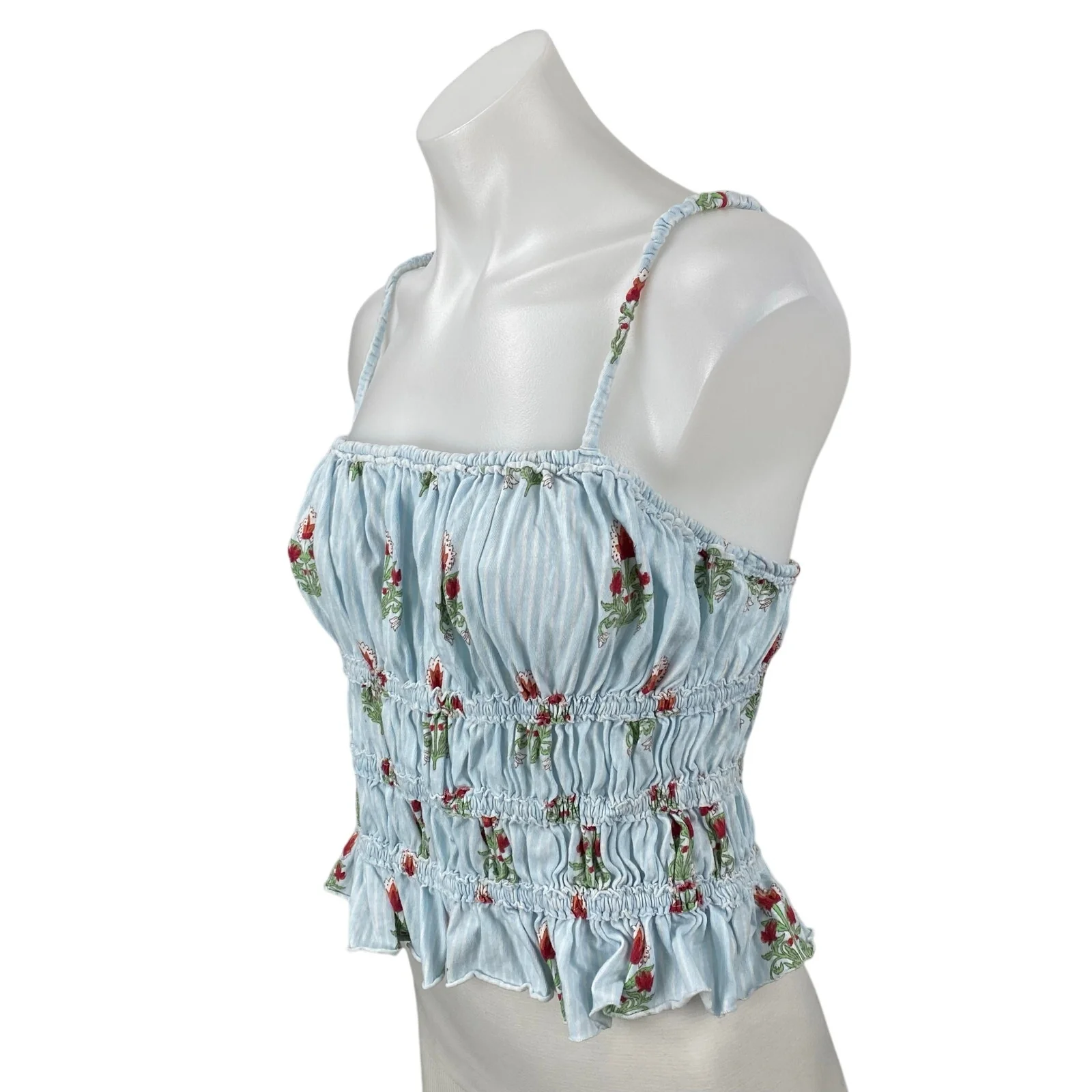 Free People We The Free Dolce Vita Blue Floral Ruffle Ruched Cami Tank Top Sz L - Image 3
