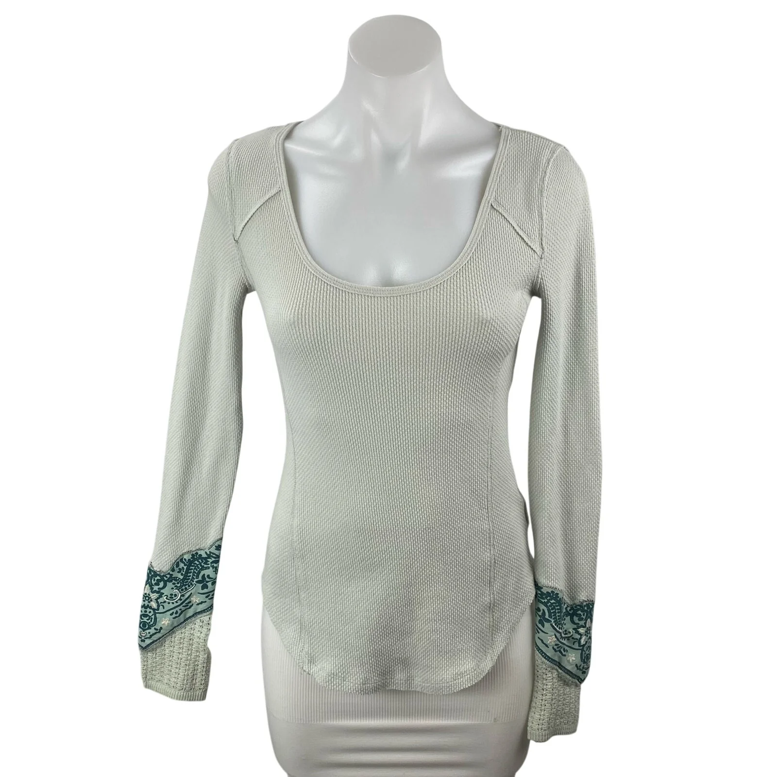 Free People We The Free Green Bandana Cuff Waffle Knit Long Sleeve Sweater Sz S