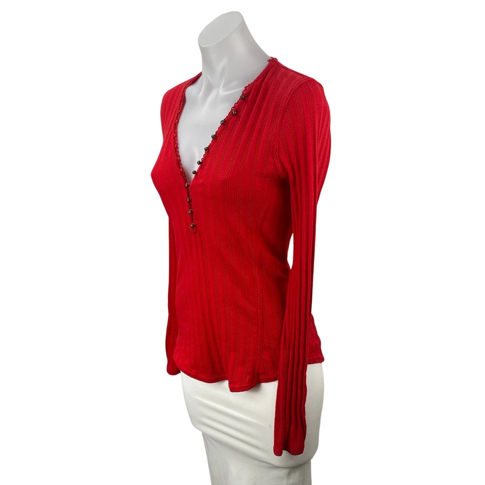 Free People We The Free Red Ribbed Knit Long Sleeve Henley V Neck Blouse Top M - Image 2