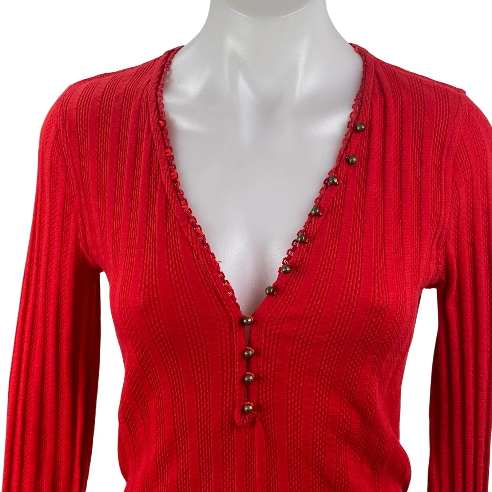 Free People We The Free Red Ribbed Knit Long Sleeve Henley V Neck Blouse Top M - Image 3