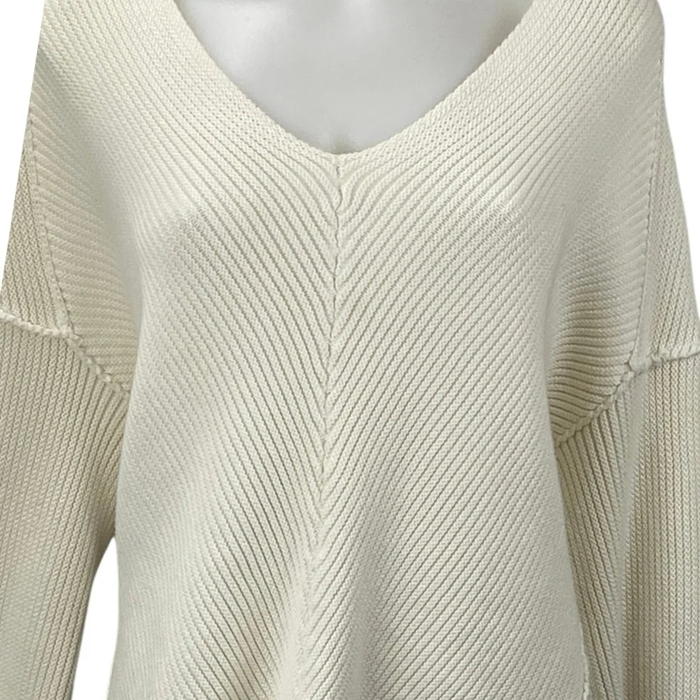 Free People White Ivory Ribbed Knit V Neck Patchwork Long Sleeve Sweater Top L - Image 2