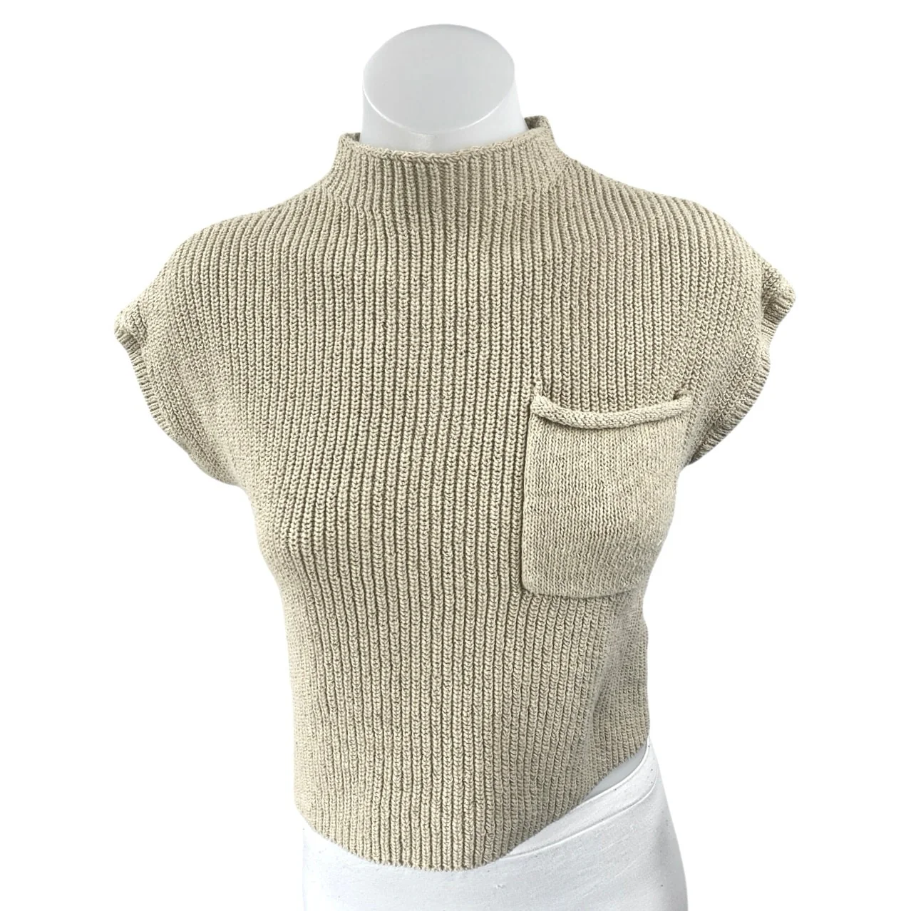 Free People Women's Beige Knit Short Sleeve Mock Neck Crop Sweater Top Size XS