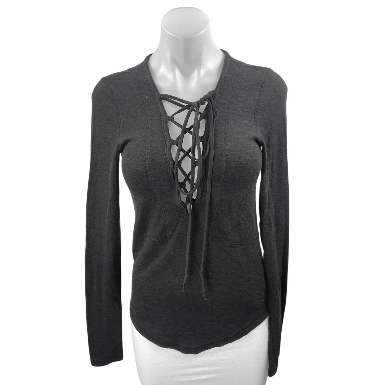 Free People Women's Black Lace Up Criss Cross Long Sleeve T Shirt Tee Top Size S