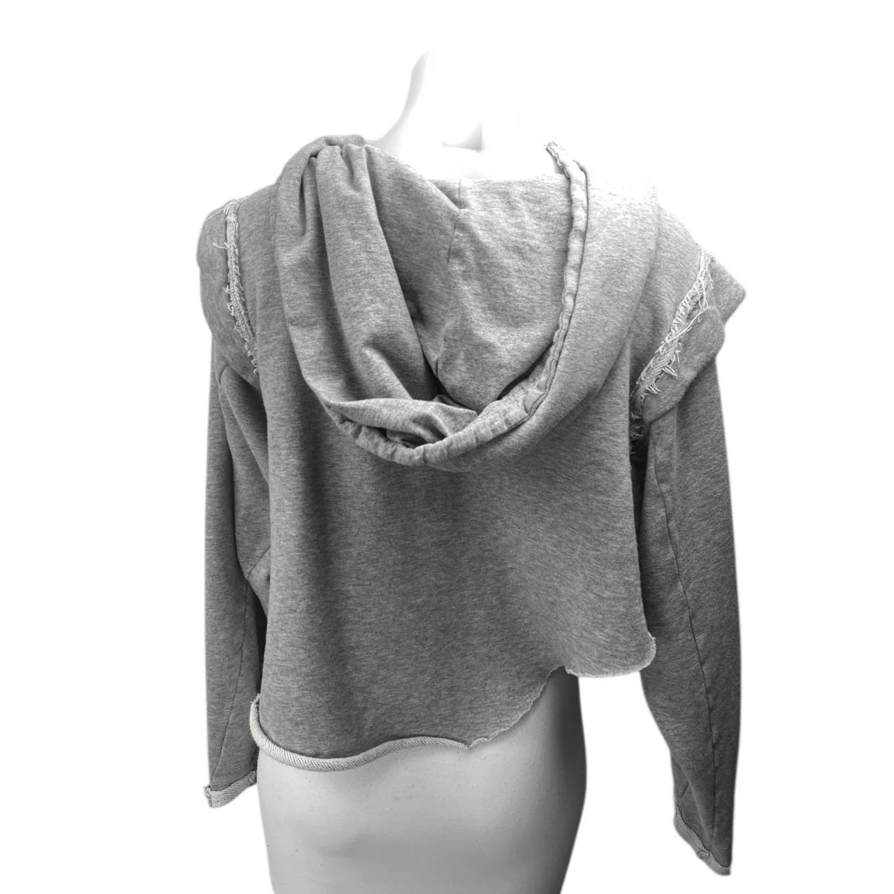 Free People Women's Gray Distressed Long Sleeve Hooded Hoodie Crop Sweatshirt M - Image 2