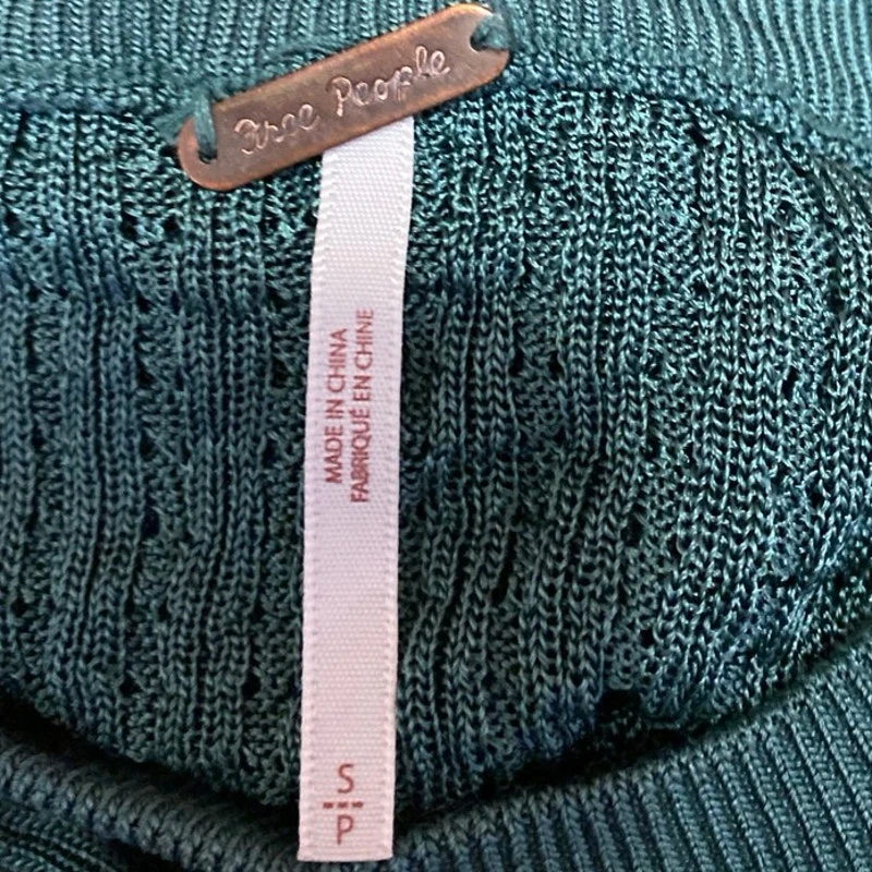 Free People Women's Green Long Sleeve Waffle Knit Cropped Sweater Top Size S - Image 3