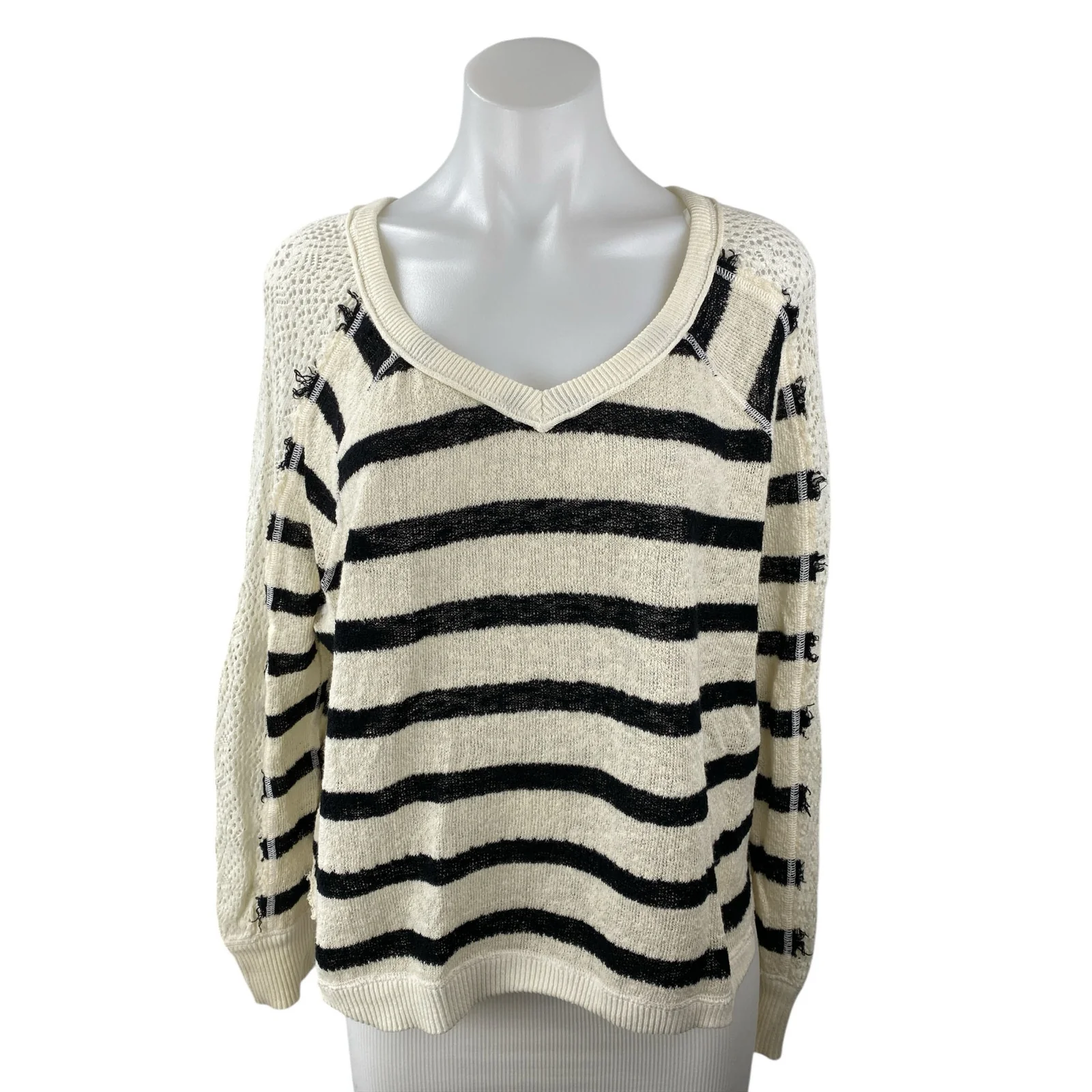 Free People Women's White Black Striped Crochet Long Sleeve Knit Sweater Top S