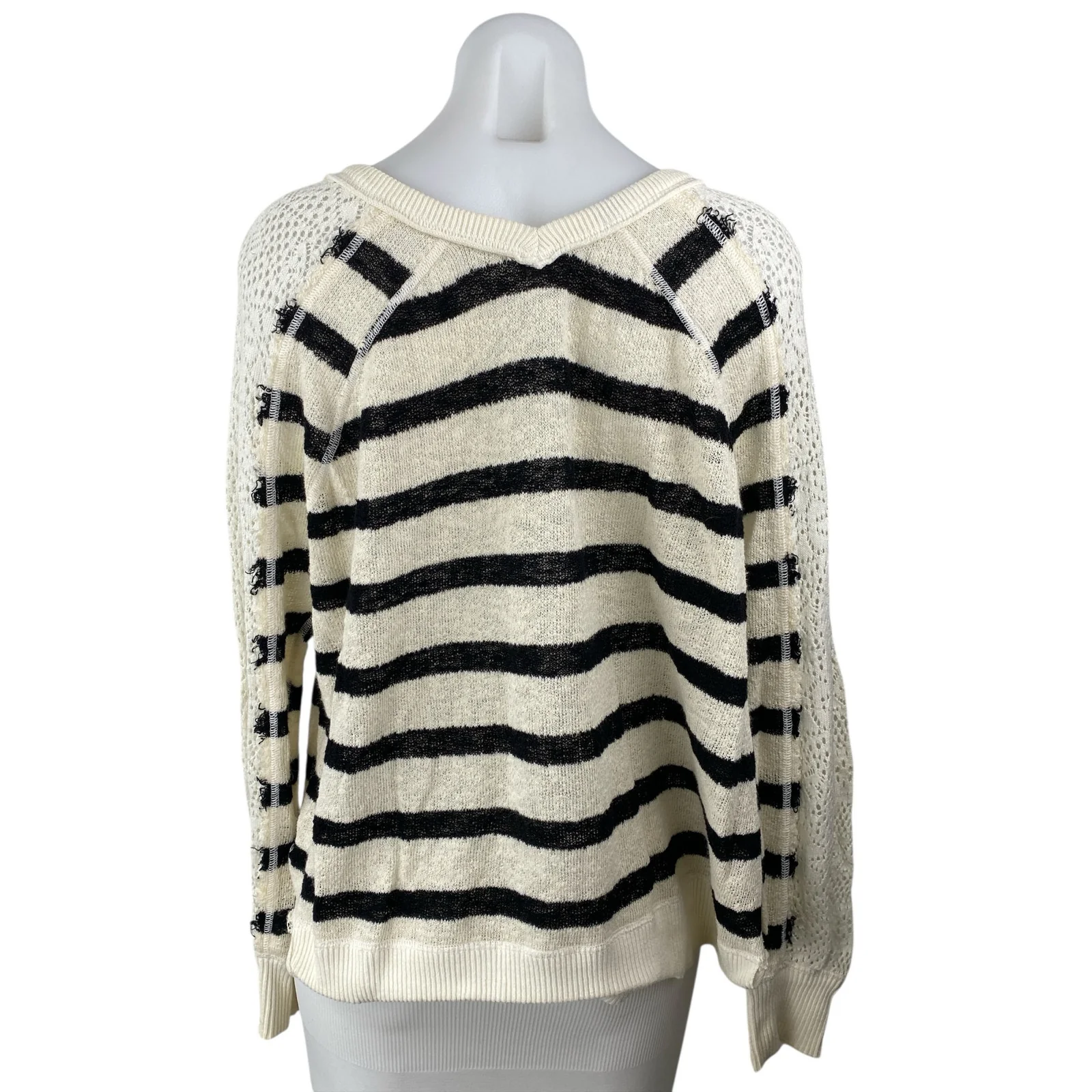 Free People Women's White Black Striped Crochet Long Sleeve Knit Sweater Top S - Image 2