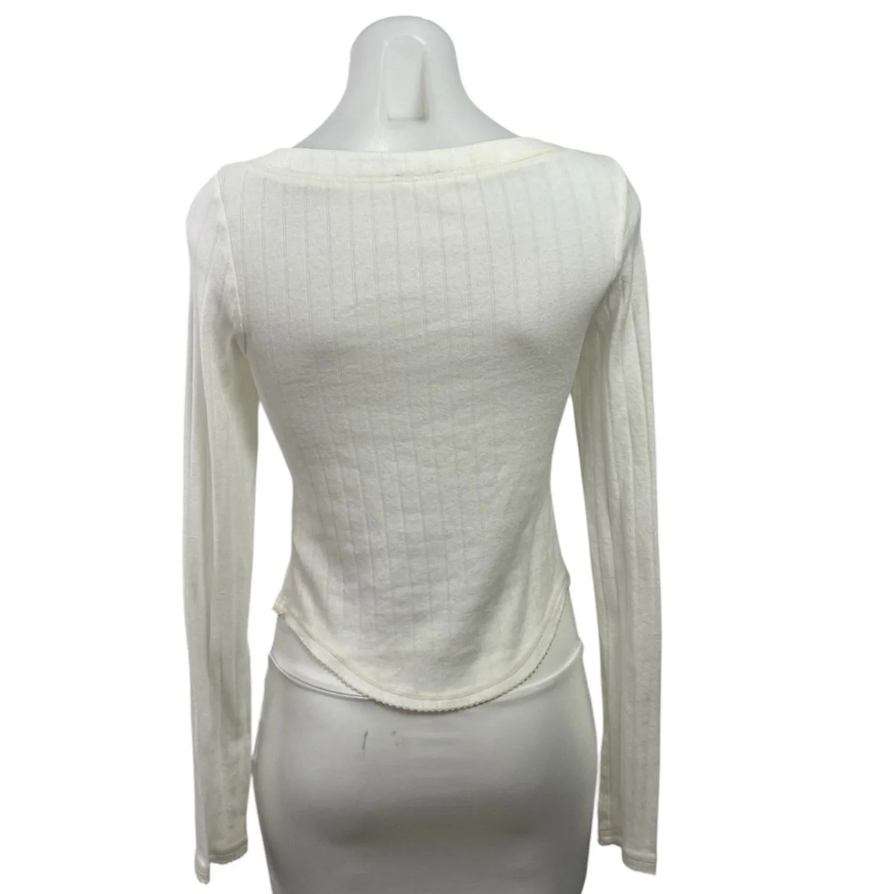 Free People Women's White Long Sleeve V Neck Rib Knit Henley T Shirt Tee Top S - Image 3