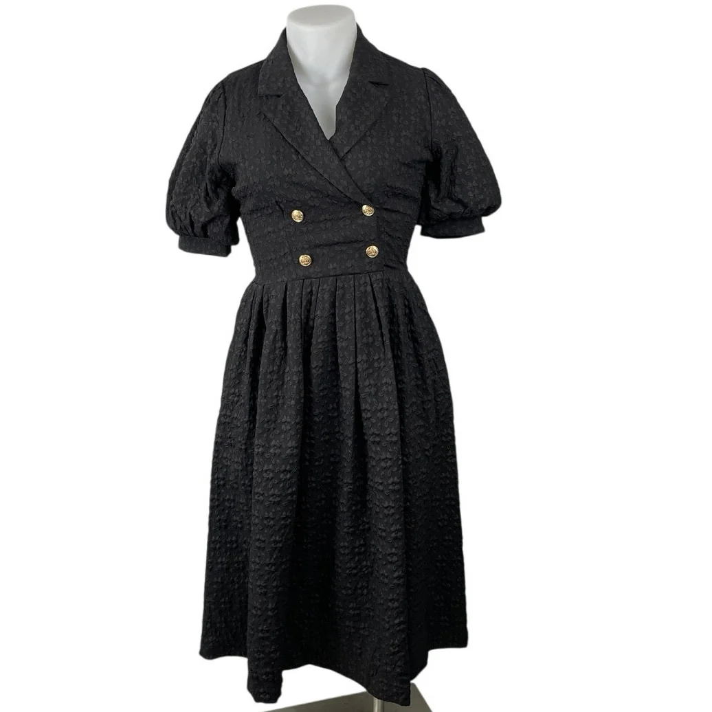 Freemarket Women's Black Woven Puff Sleeve Buttons Midi Flare A-Line Dress Sz M