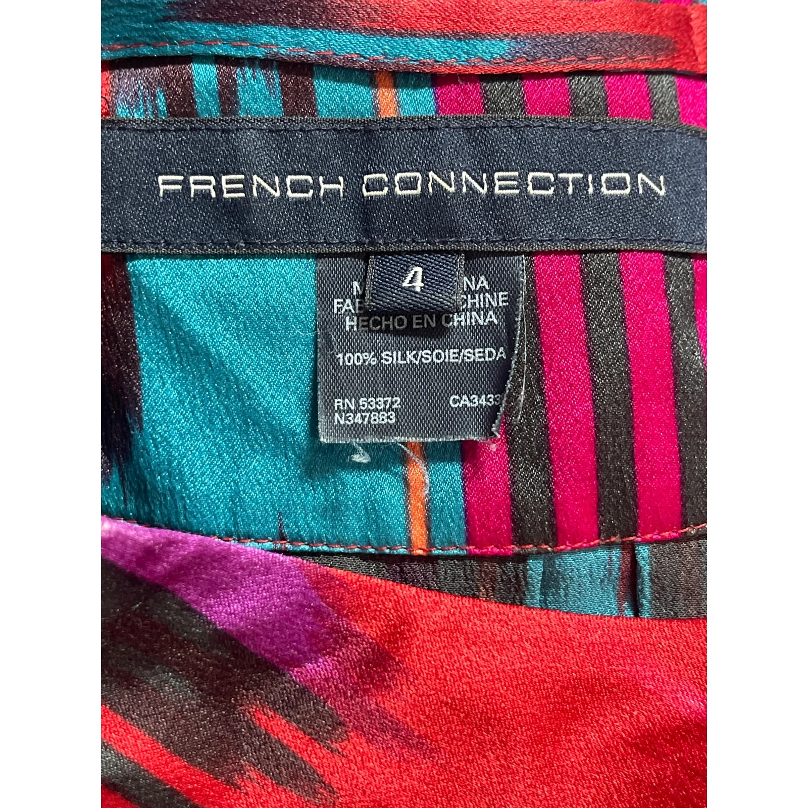 French Connection 100% Silk Multicolor Abstract Short Sleeve Mini Shift Dress 4 - Image 3