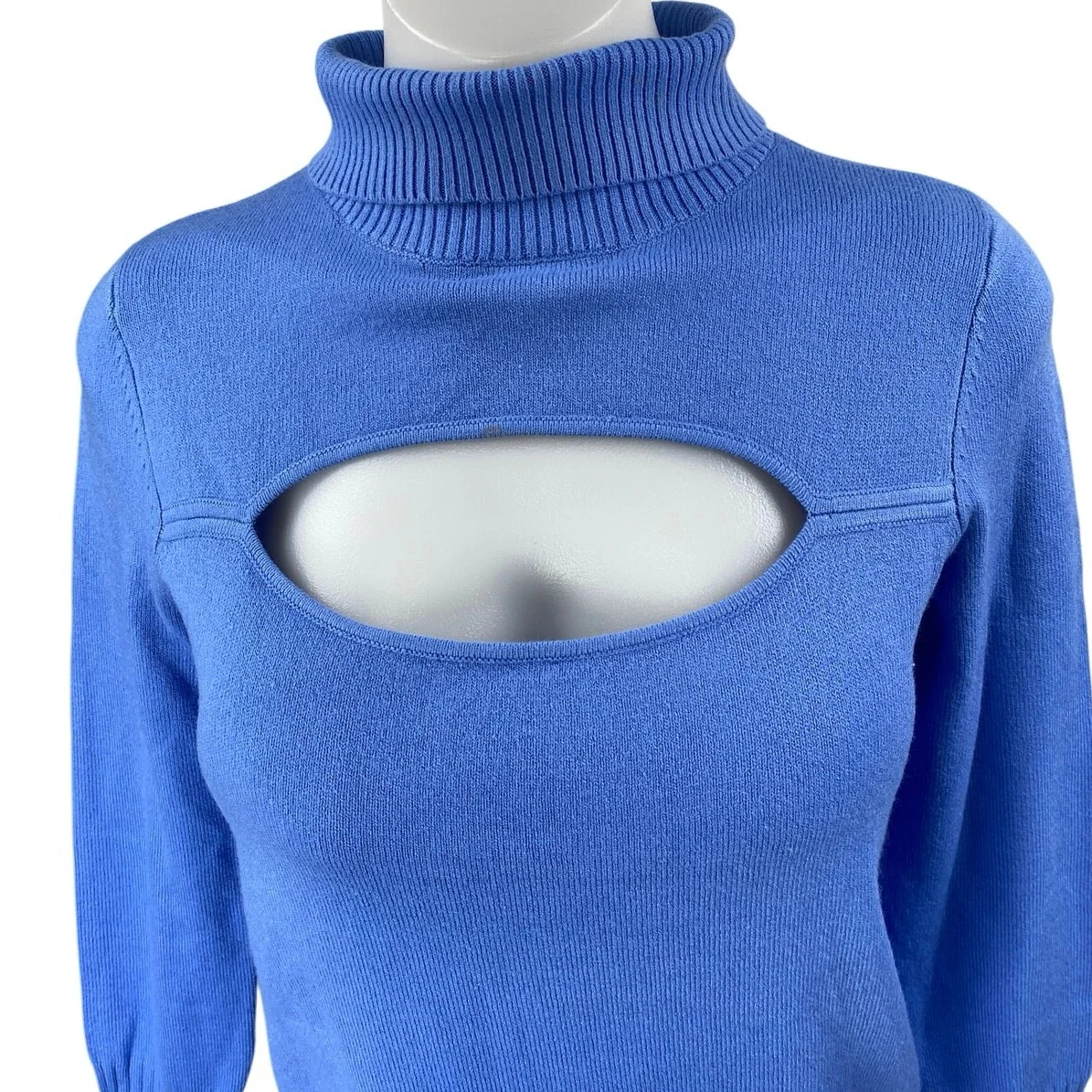 French Connection Blue Long Balloon Sleeve Turtleneck Cut Out Sweater Top Sz XS - Image 3