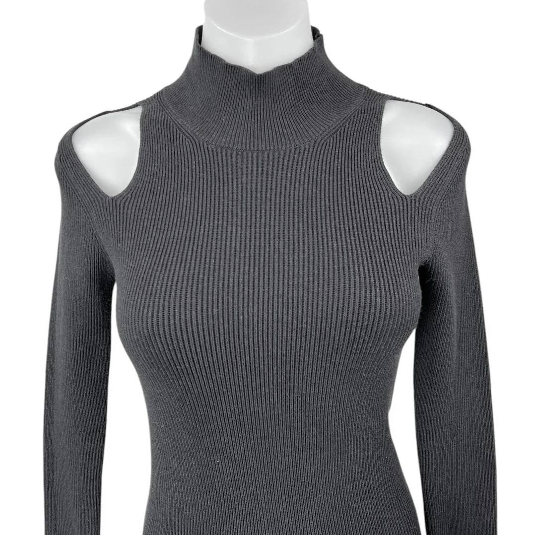 French Connection Lydia Black Rib Knit Long Sleeve Cutout Mini Sweater Dress S - Image 3