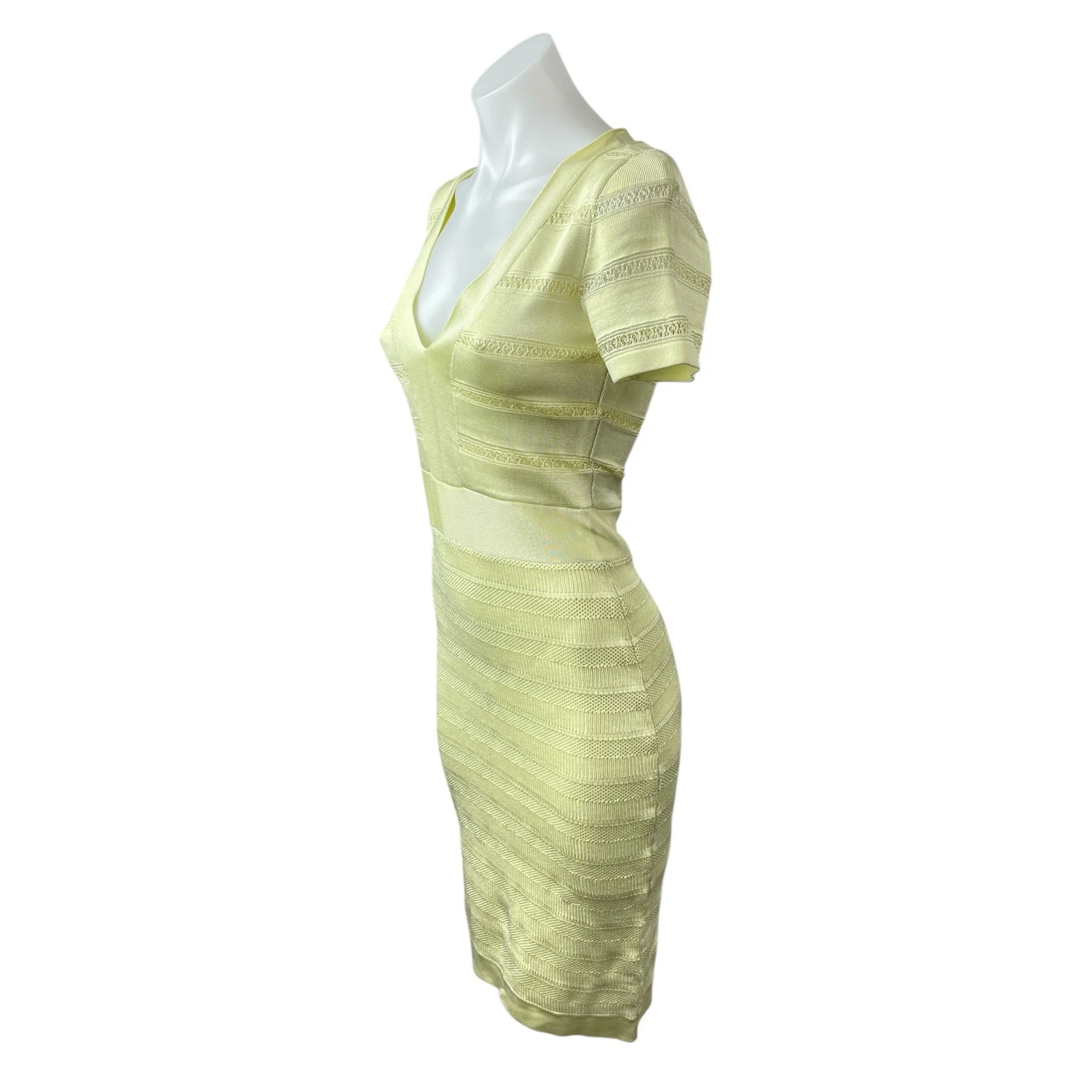 French Connection Yellow Green Short Sleeve Knit Bandage Sheath Mini Dress Sz 6 - Image 3
