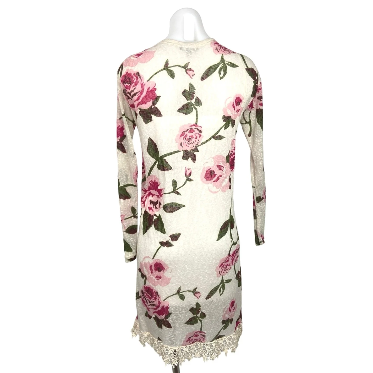 Freshman Cream Pink Lace Hem Mid Length Floral Open Cardigan Sweater Top Size XS - Image 2