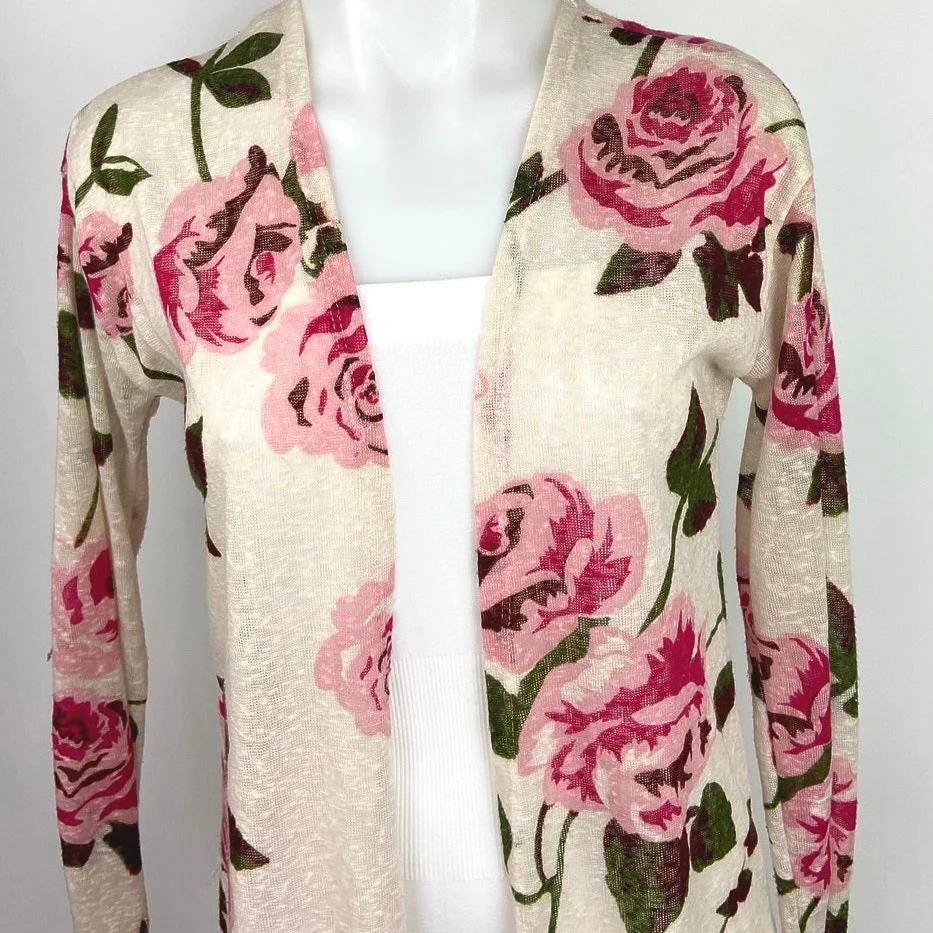 Freshman Cream Pink Lace Hem Mid Length Floral Open Cardigan Sweater Top Size XS - Image 3