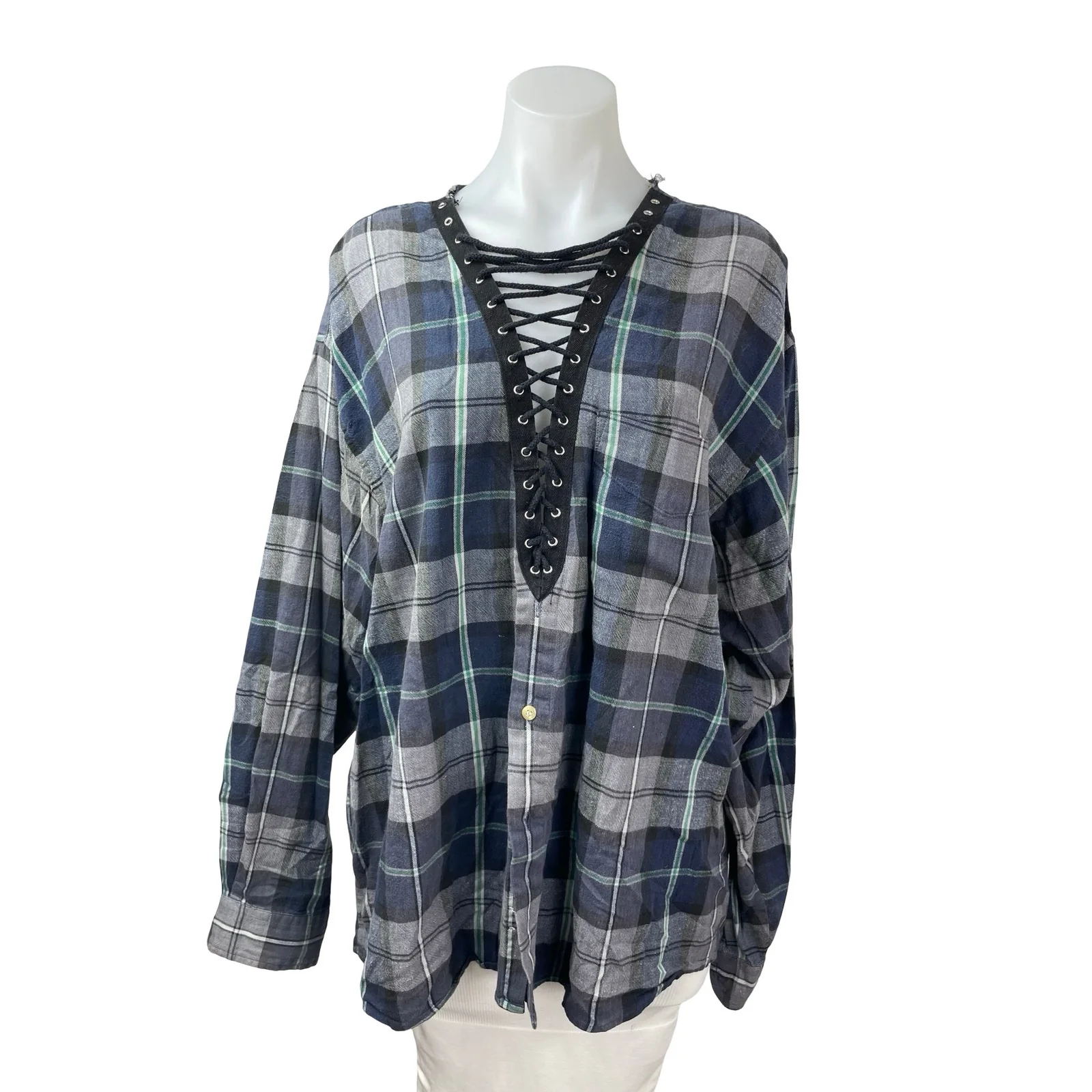 Furst of a Kind Plaid Check Flannel Long Sleeve V Neck Lace Up Shirt Top Sz L/XL