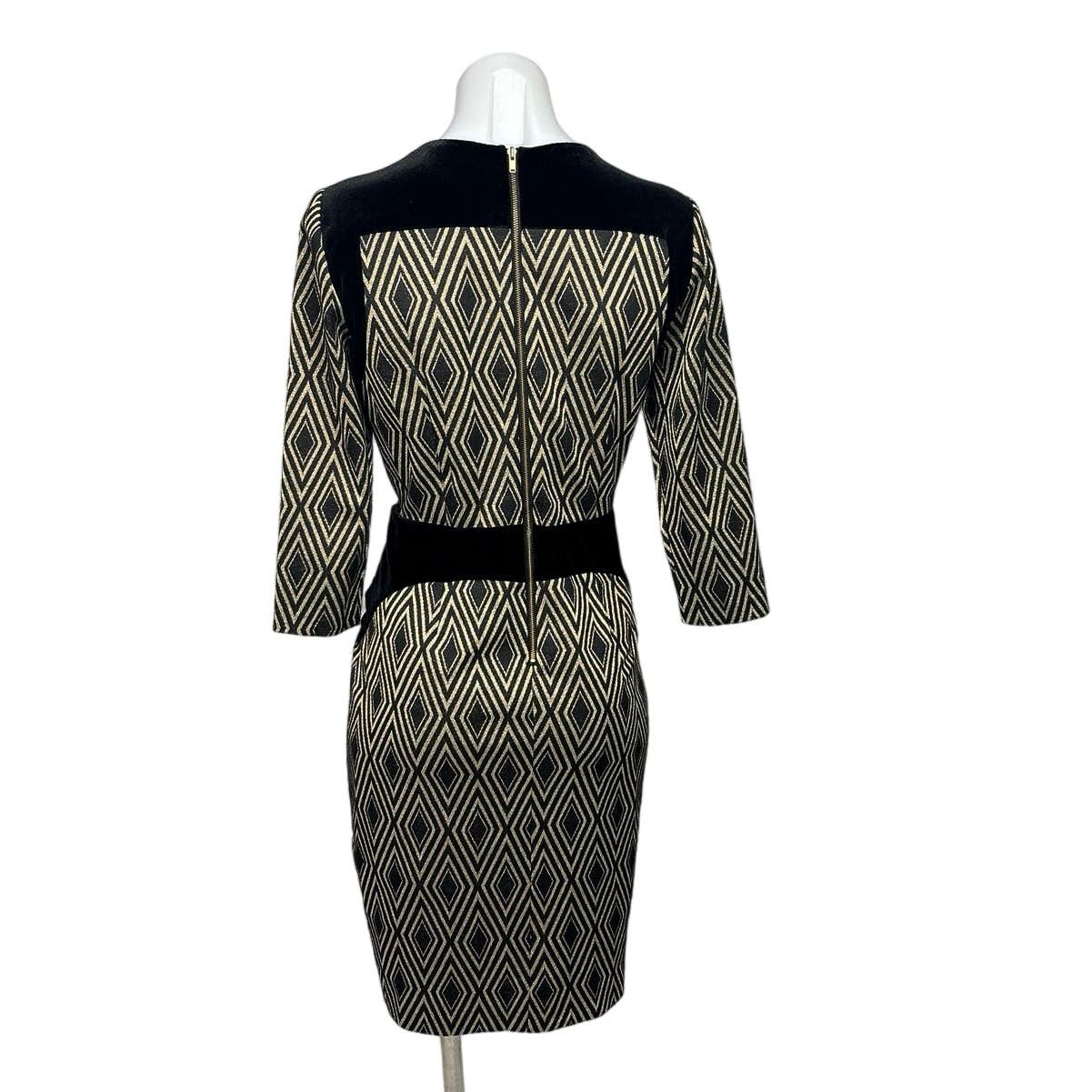 Gabby Skye Metallic Gold Black Velvet Diamond Argyle 3/4 Sleeve Sheath Dress 6 - Image 3