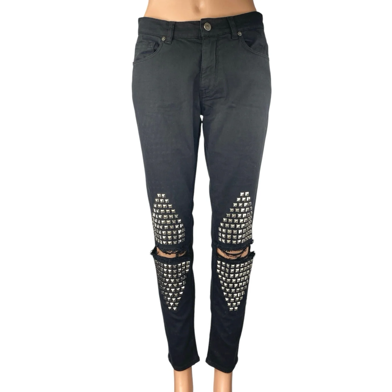 Gaelle Black Studded Distressed Ripped Knee Mid Rise Skinny Denim Jeans Pants 27