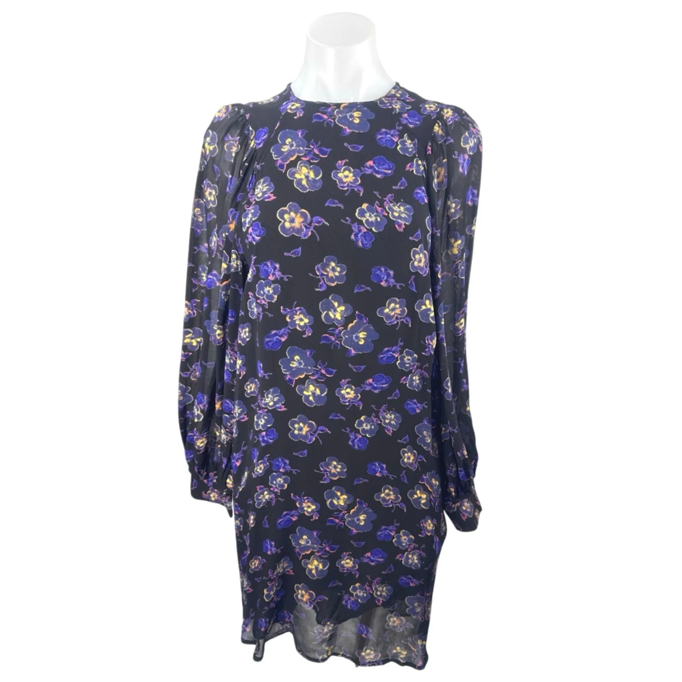 Ganni Women's Purple Floral Pansy Print Long Balloon Sleeve Mini Shift Dress 34