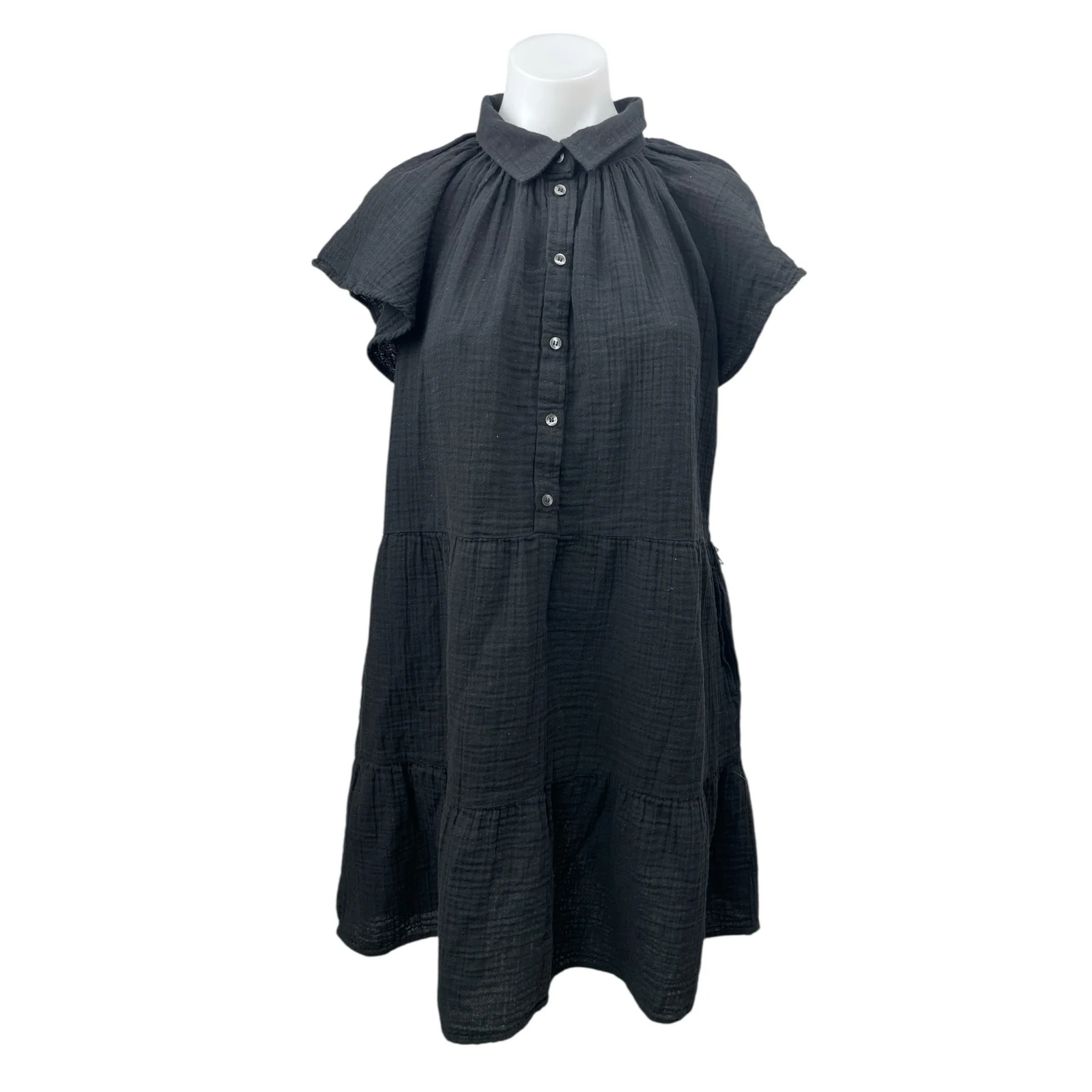GAP Black Collared Flutter Sleeve Button Tiered Mini A-Line Shirt Dress Size L