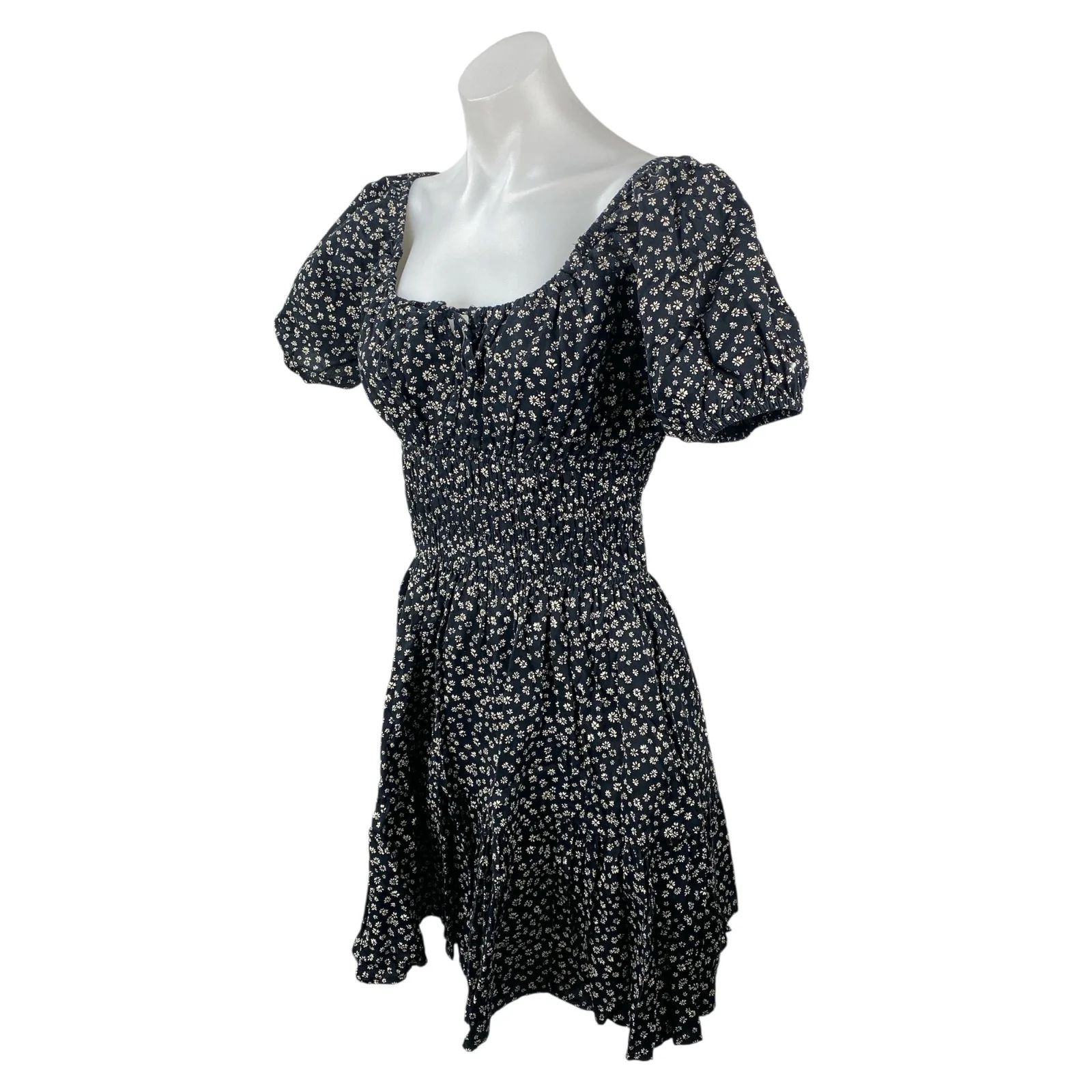 GAP Black Floral Smocked Puff Sleeve Tie Square Neck Mini Flare A-Line Dress M - Image 2