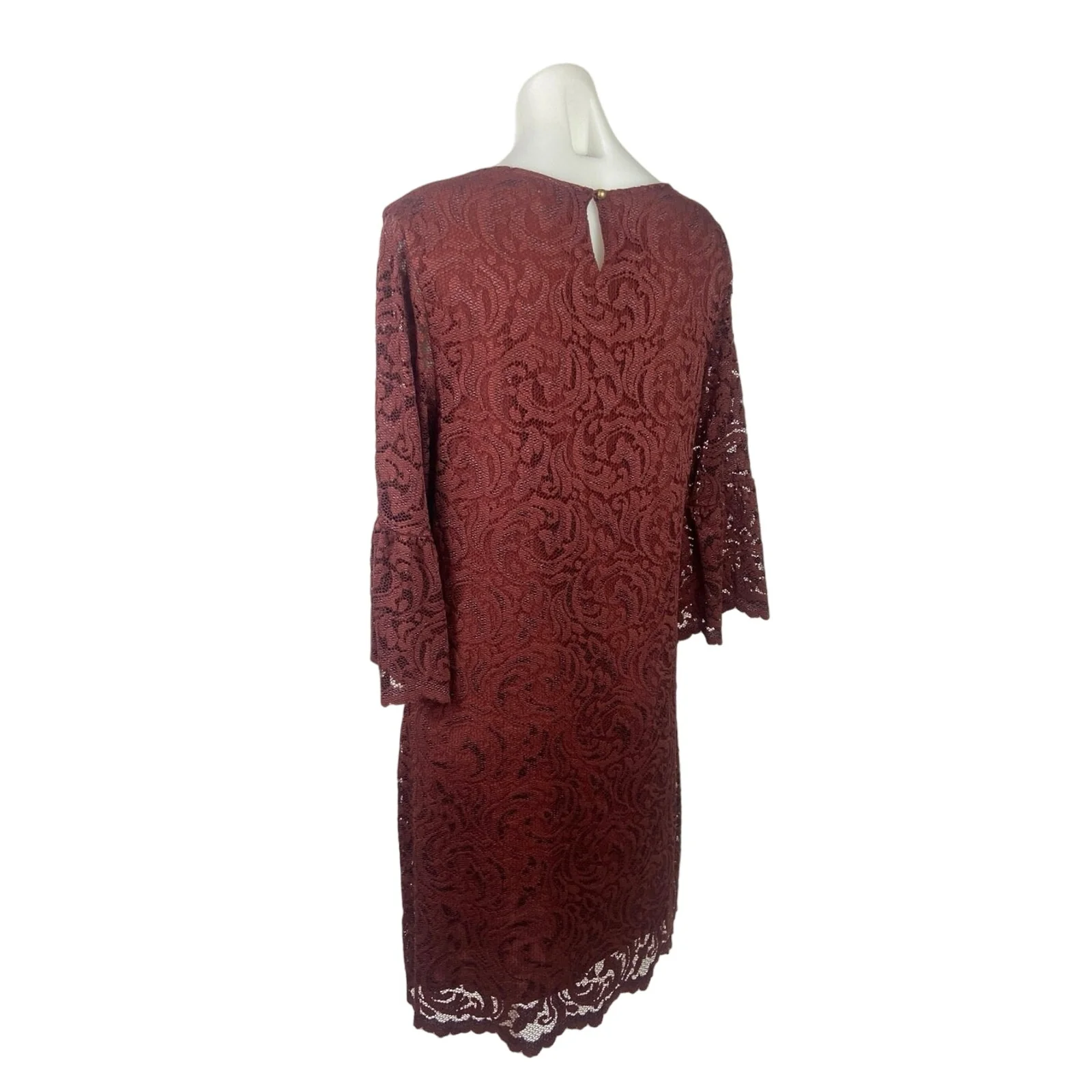 Garnet Hill Red Burgandy Lace 3/4 Bell Sleeve Midi Lined Cocktail Shift Dress 12 - Image 2