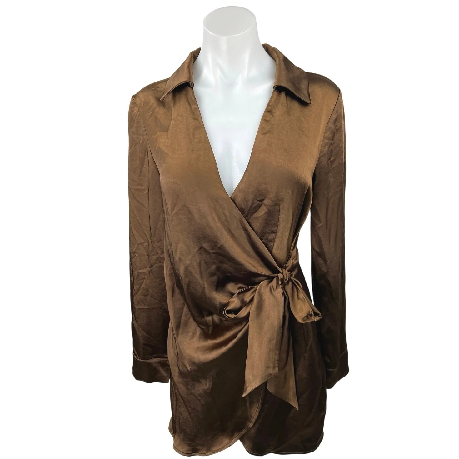 Garota Brown Silk Satin Long Sleeve Collar V-neck Mini Wrap Shirt Dress Size S