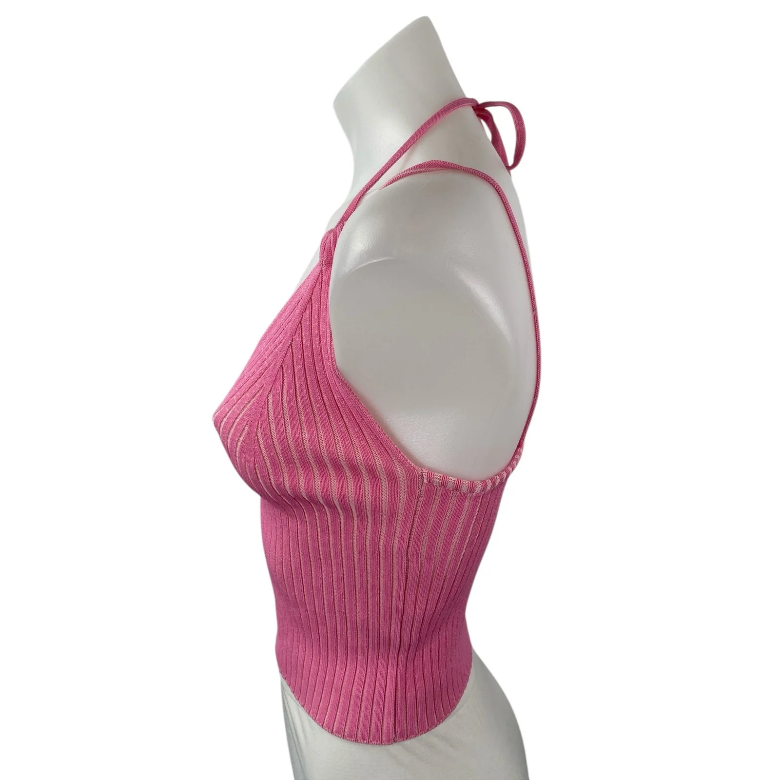 Geel Women's Pink Ribbed Knit Strappy Halter V Neck Cami Tank Crop Top Size M - Image 3
