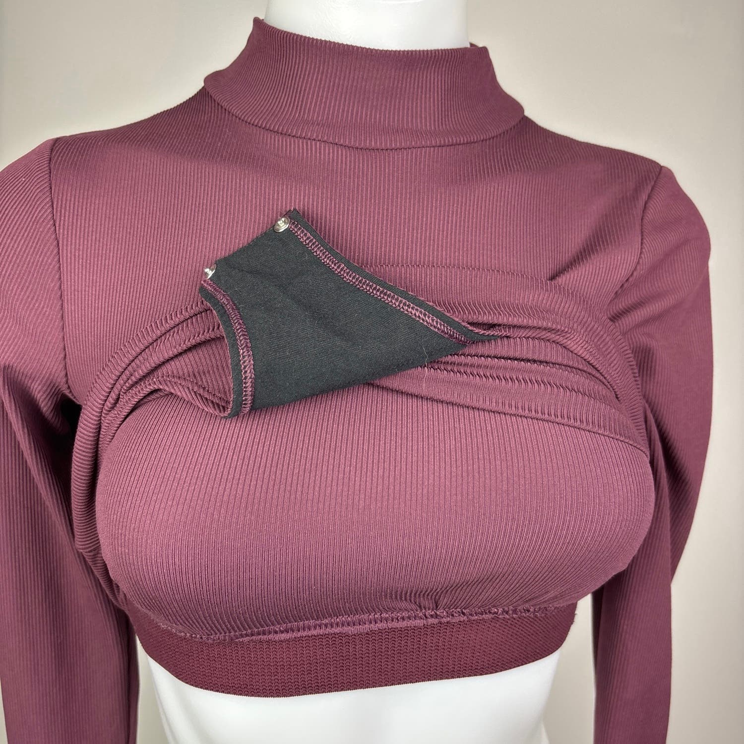 Girlfriend Collective Women's Maroon Ribbed Built In Bra Mock Neck Bodysuit S - Image 6