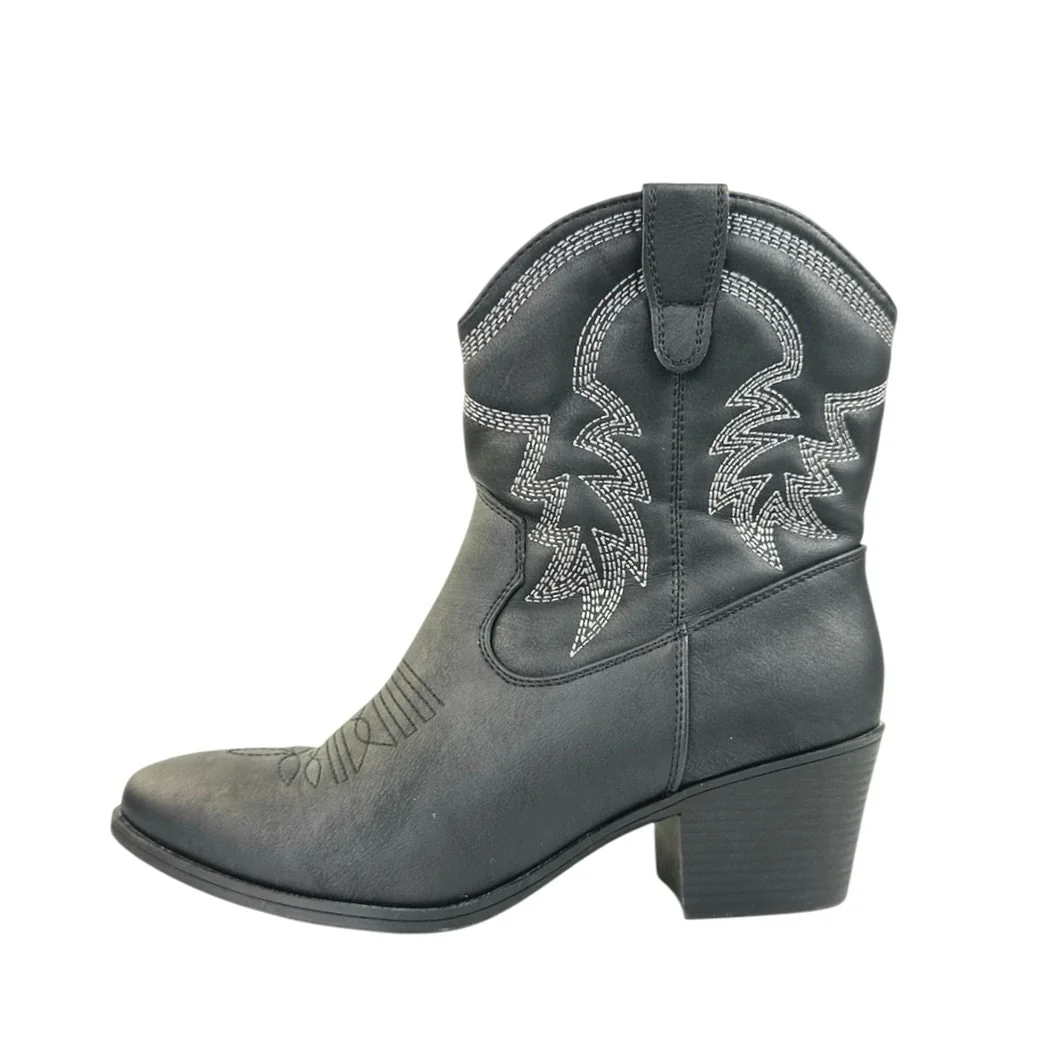 Global Win Black Faux Leather Stitch Embroidered Mid Calf Western Cowboy Boots 8