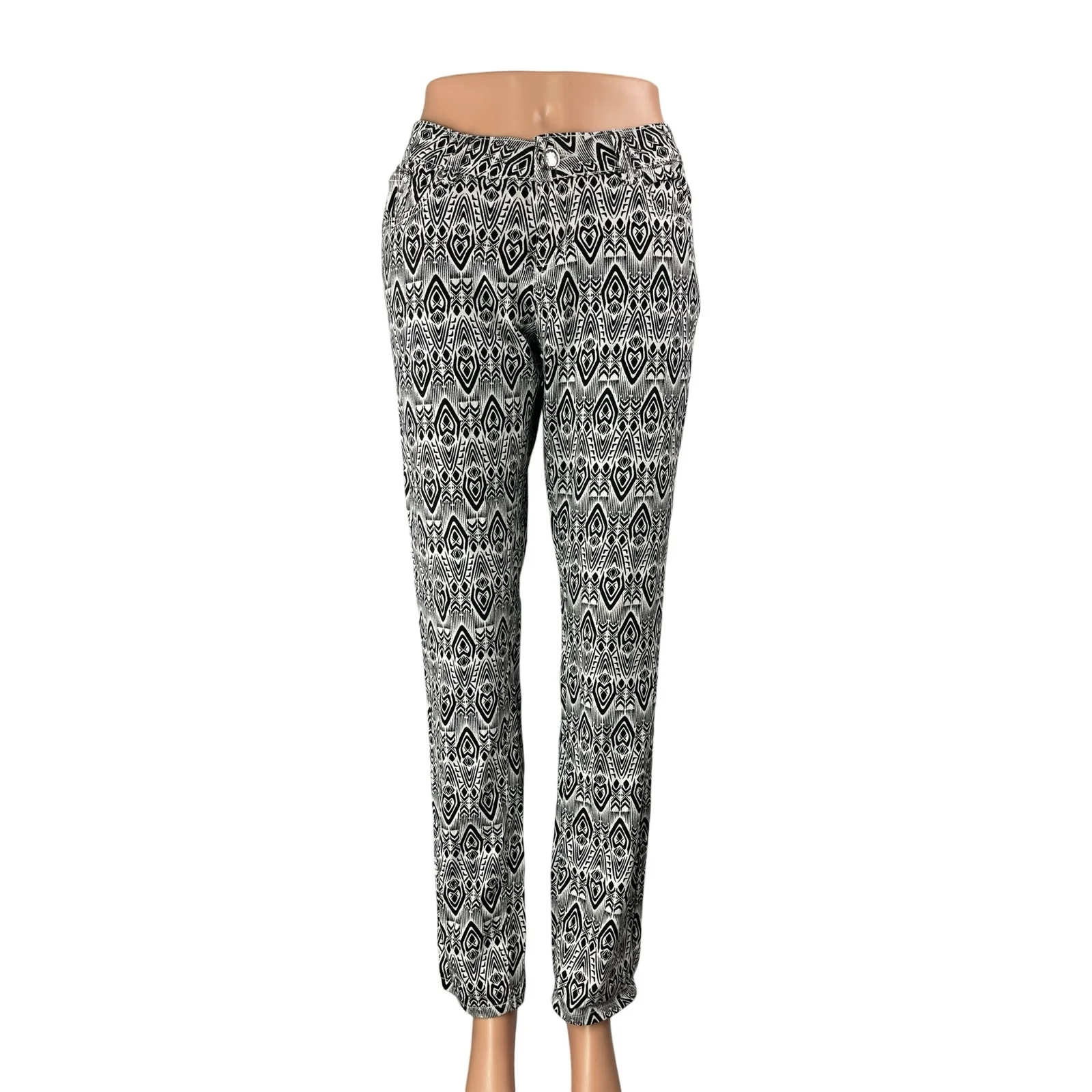 Gogo Jeans Black Tribal Print High Waist Slim Straight Trouser Dress Pants Sz 9